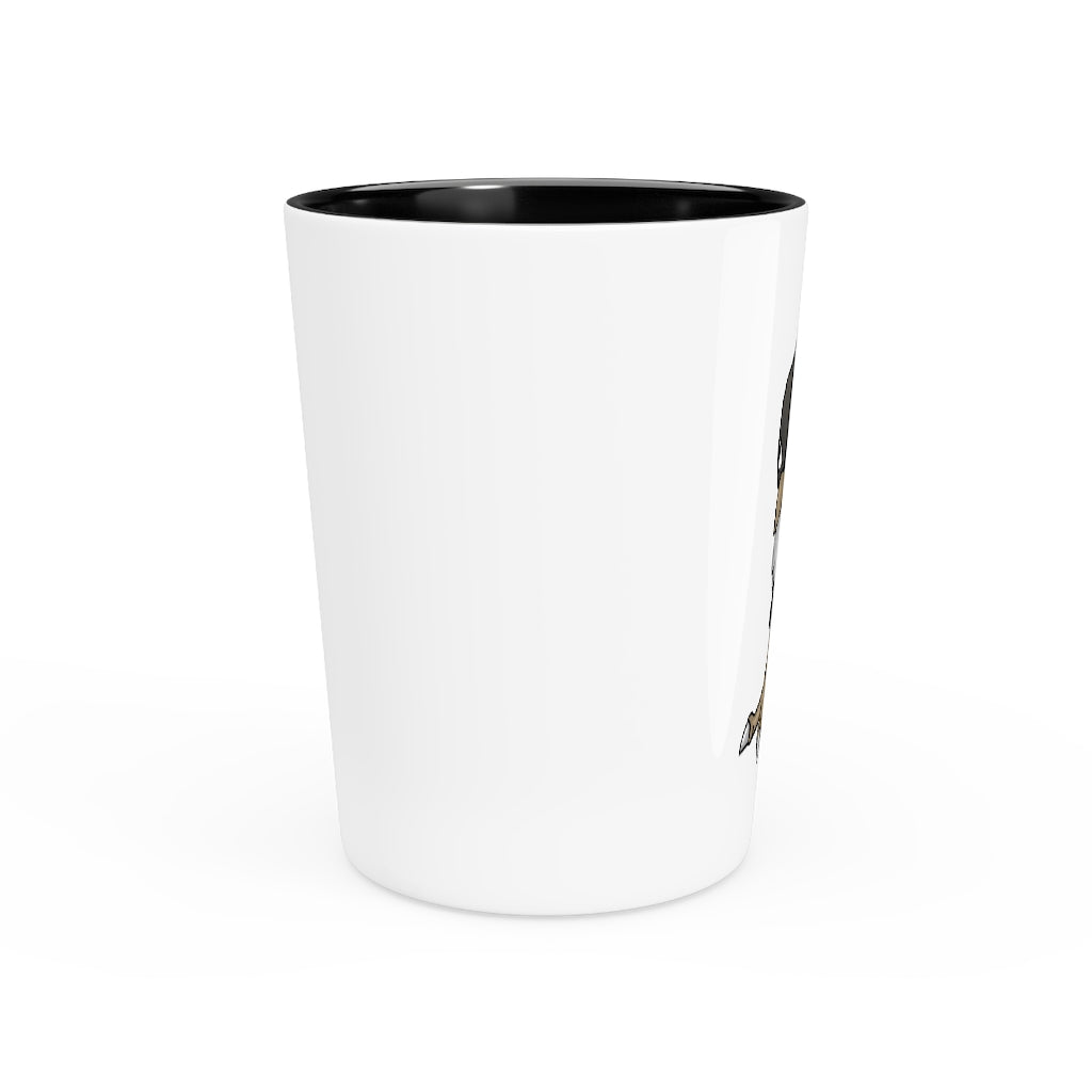Personalized Bichip Shot Glass with white ceramic and customizable design, available in white or black interior.