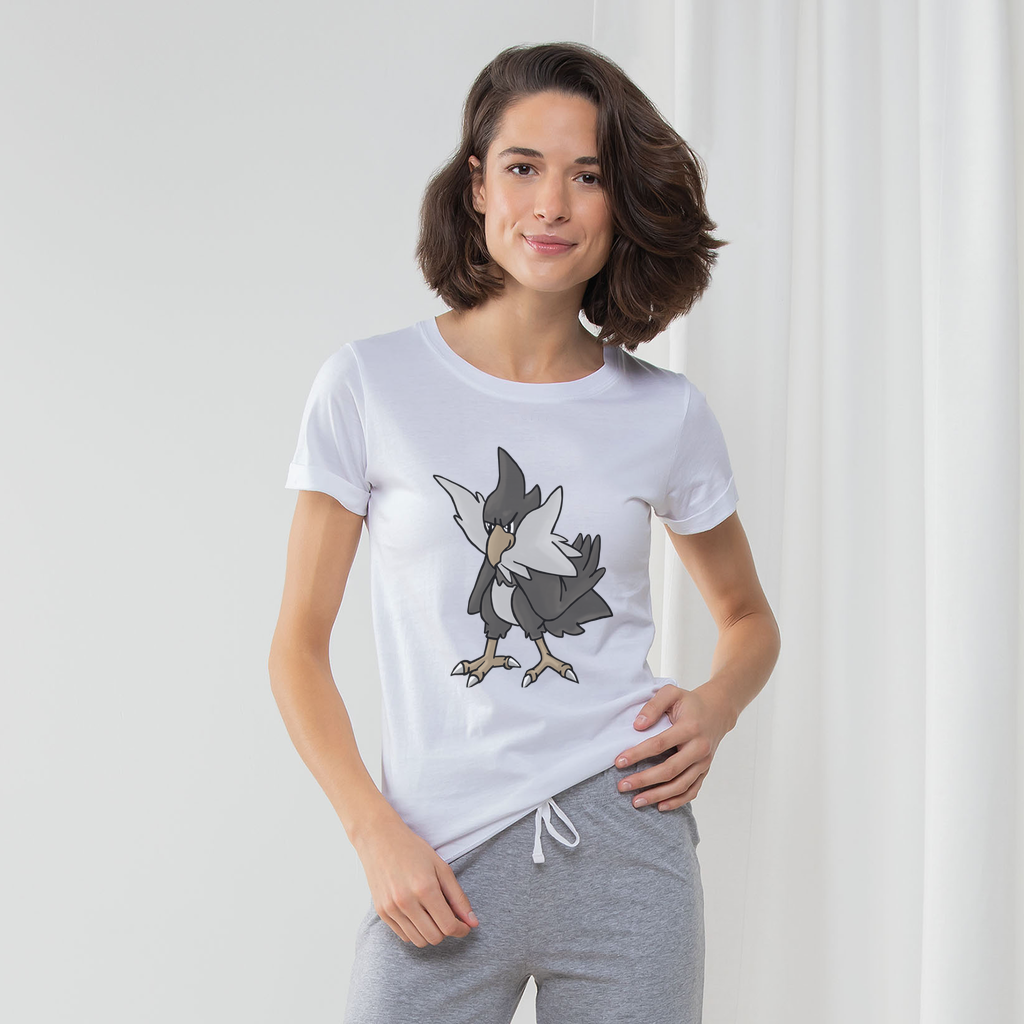 BiChipla Women's Long Pant Pyjama Set featuring a white t-shirt, striped pants, and matching drawcord bag, perfect for lounging.