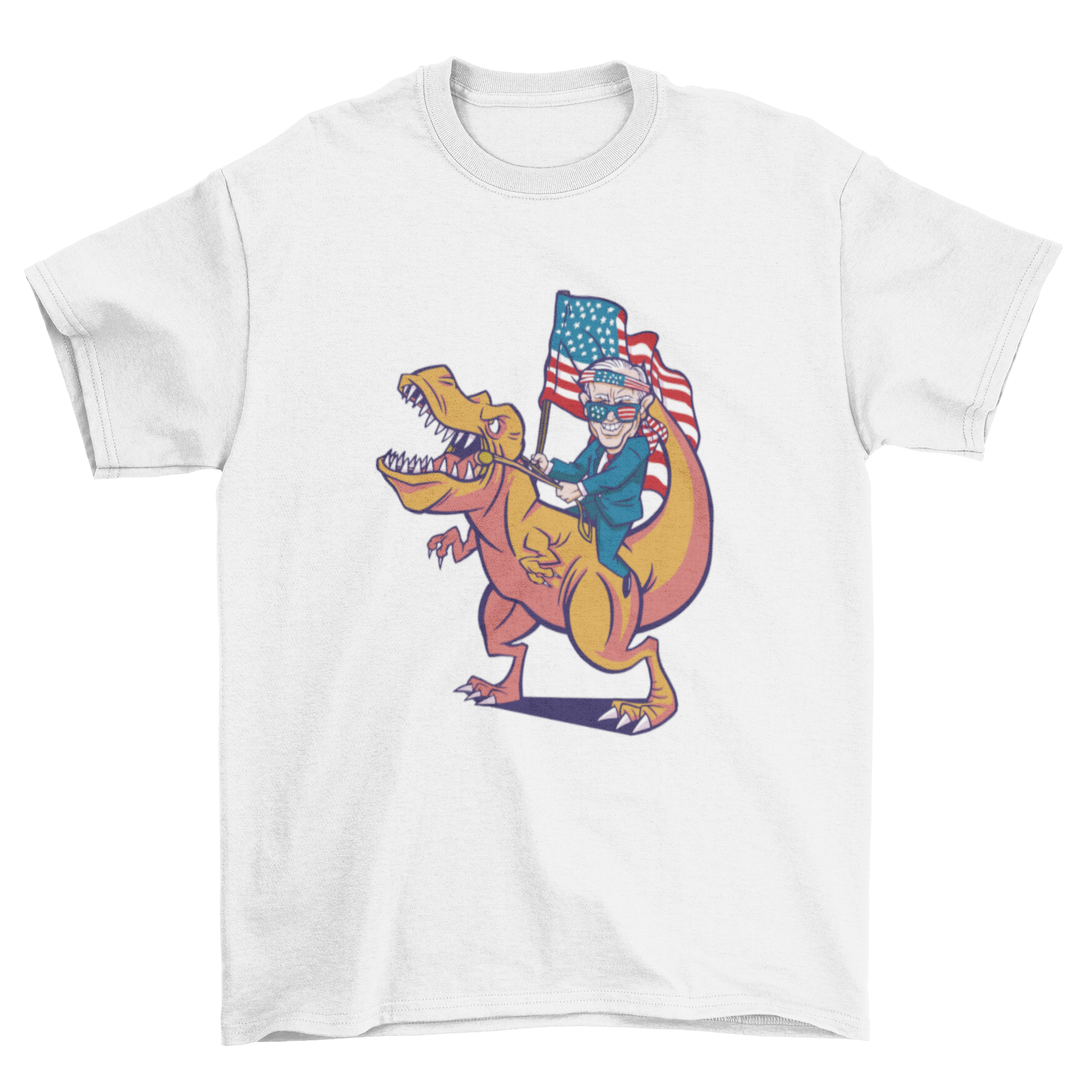 A humorous t-shirt featuring President Biden riding a dinosaur with an American flag design.
