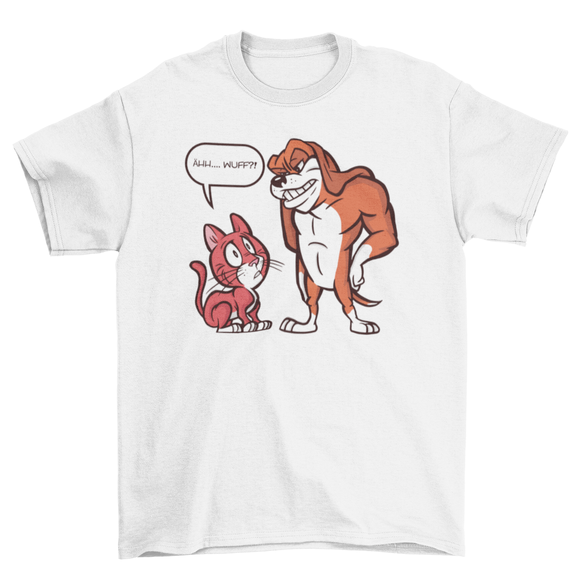 A humorous t-shirt featuring a scared cat illustration in front of a big dog, showcasing a playful pet dynamic.