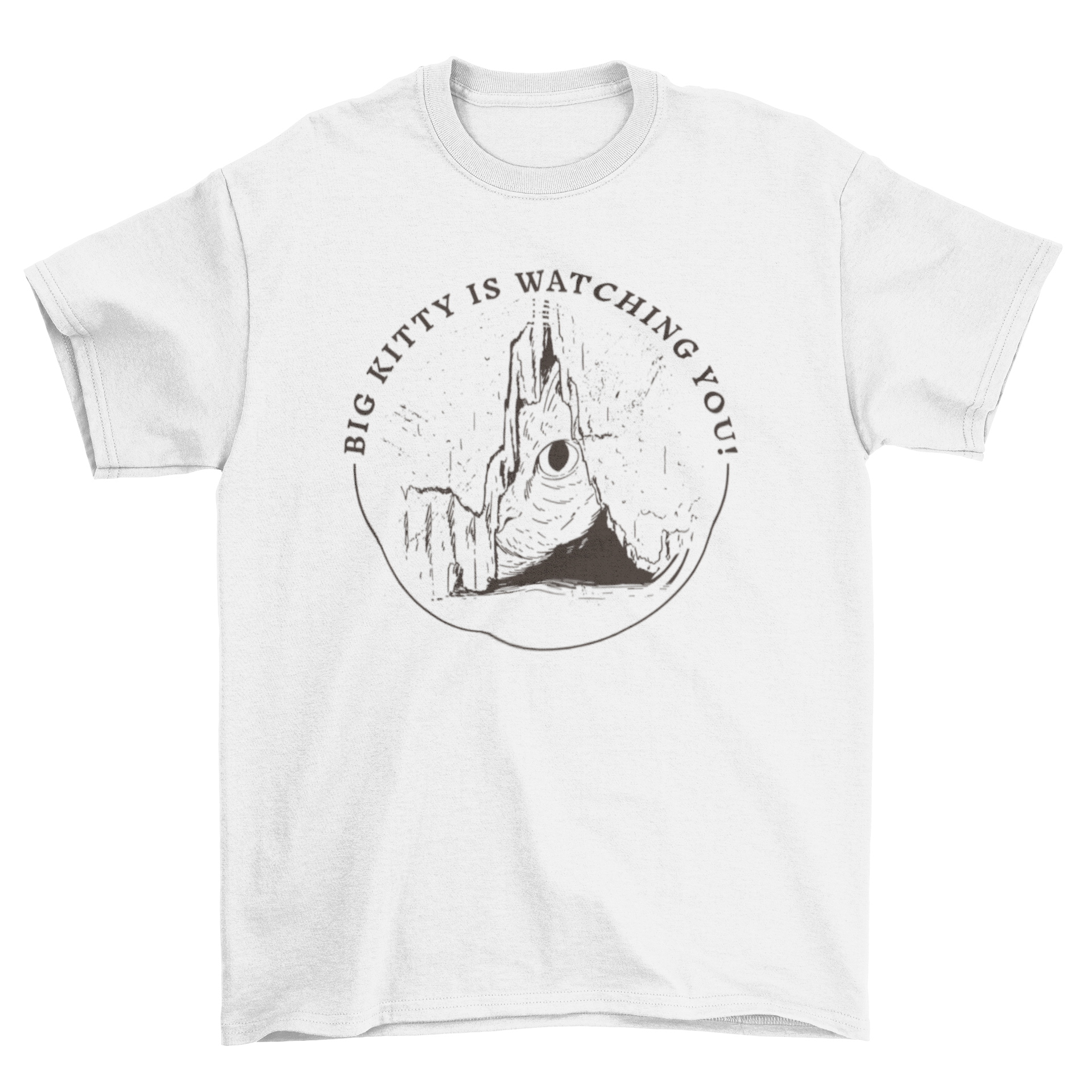 A playful cat t-shirt featuring a big cat peeking through a crack with the quote 'Big kitty is watching you'.