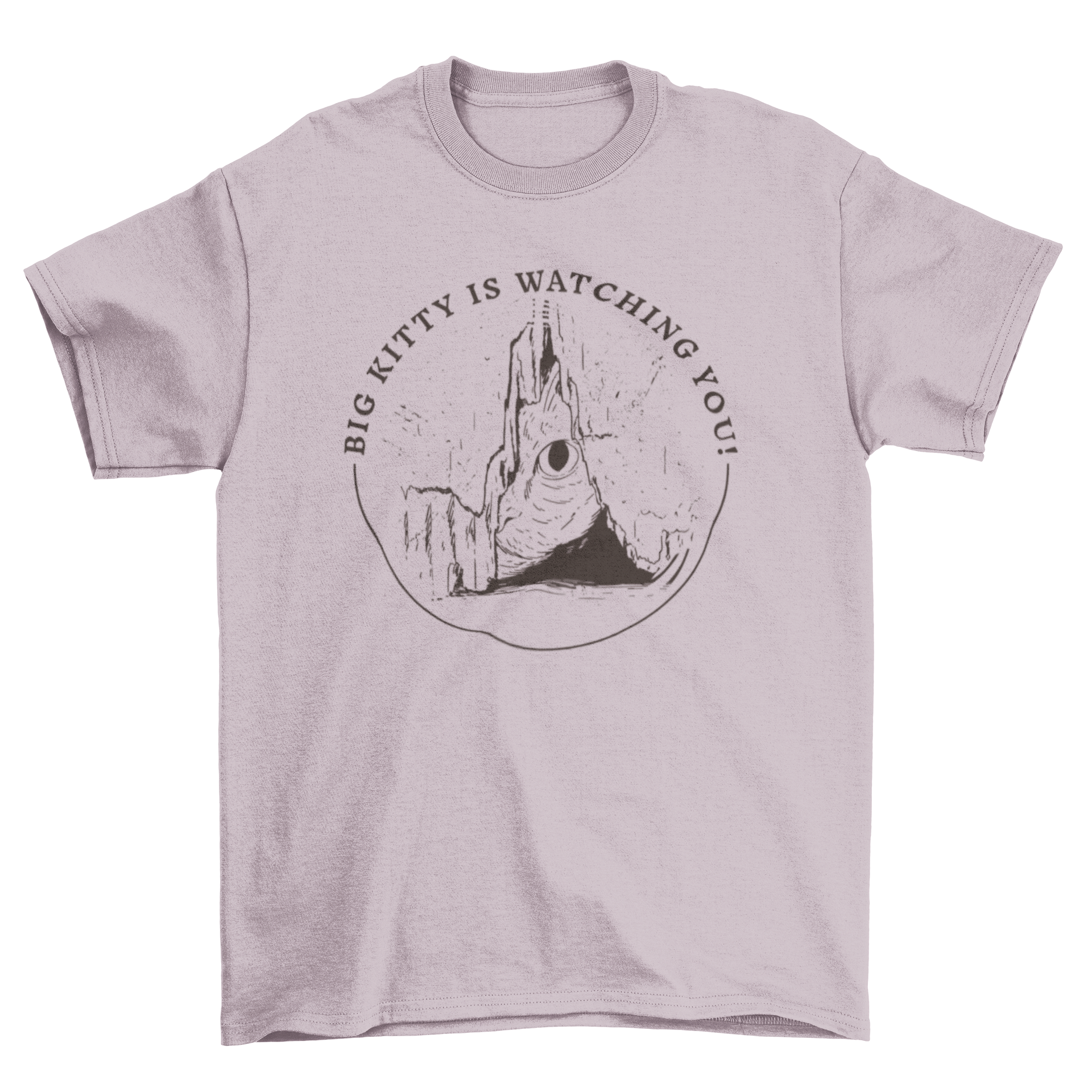 A playful cat t-shirt featuring a big cat peeking through a crack with the quote 'Big kitty is watching you'.
