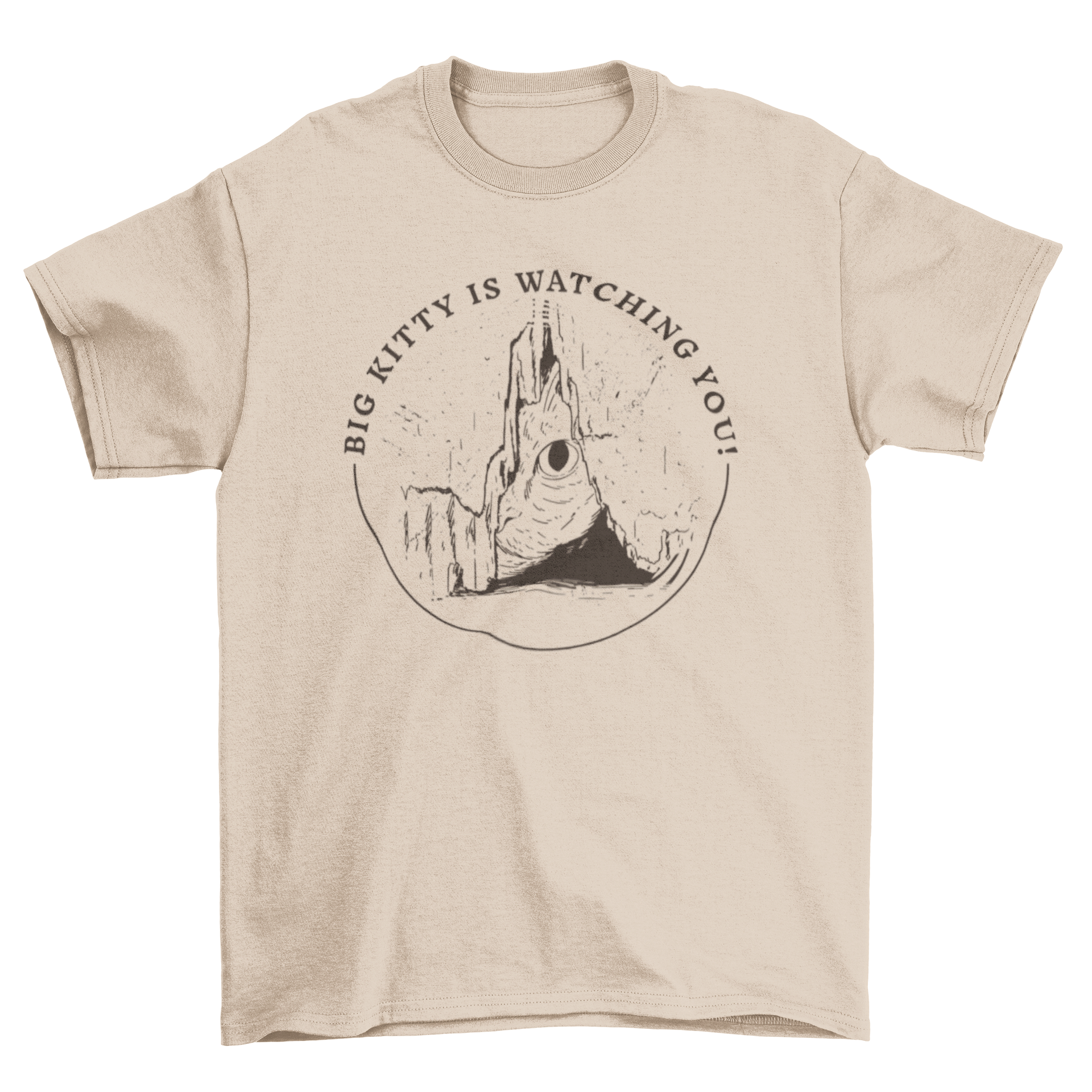 A playful cat t-shirt featuring a big cat peeking through a crack with the quote 'Big kitty is watching you'.
