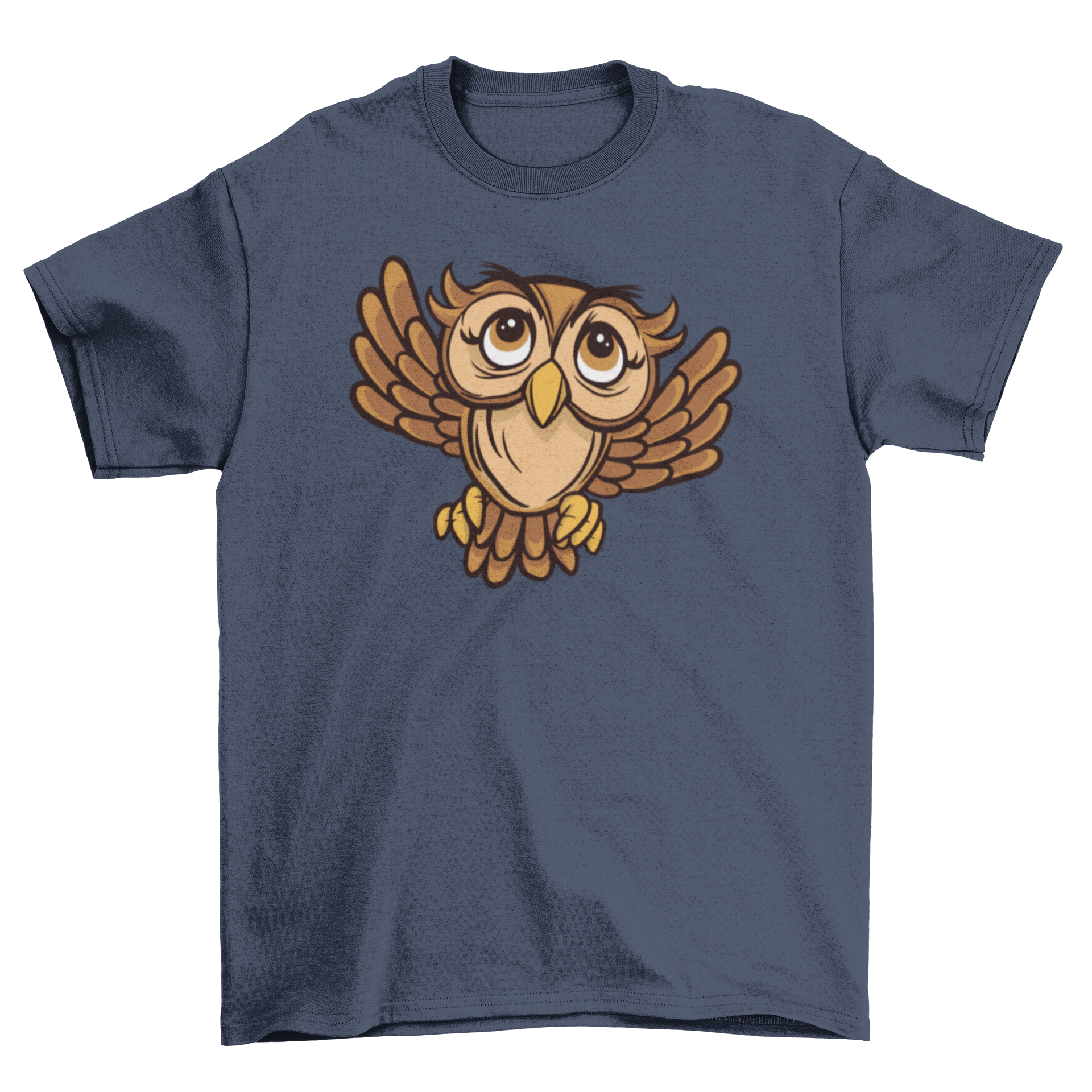 A colorful cartoon-style t-shirt featuring a big-eyed flying owl design, perfect for owl lovers.