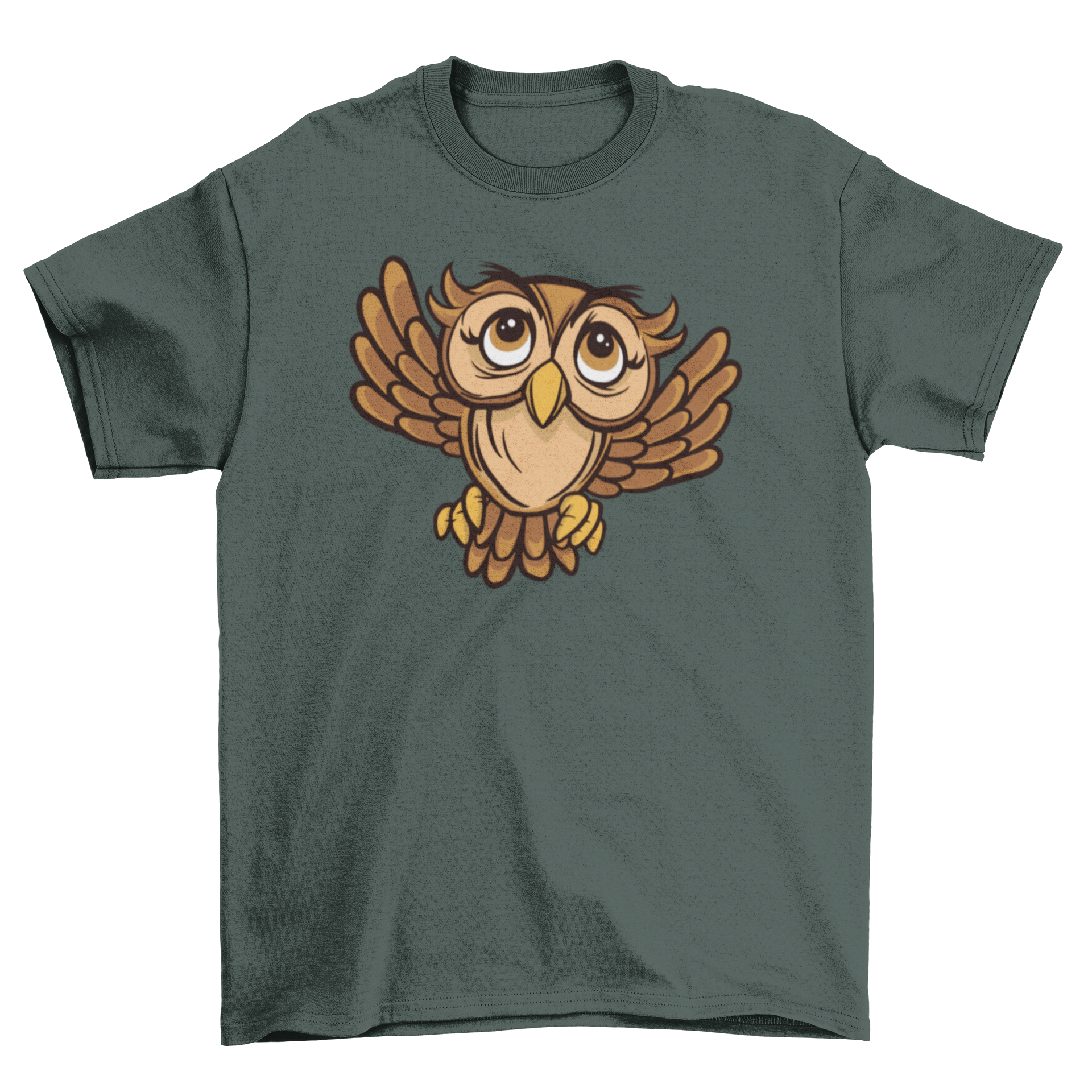 A colorful cartoon-style t-shirt featuring a big-eyed flying owl design, perfect for owl lovers.