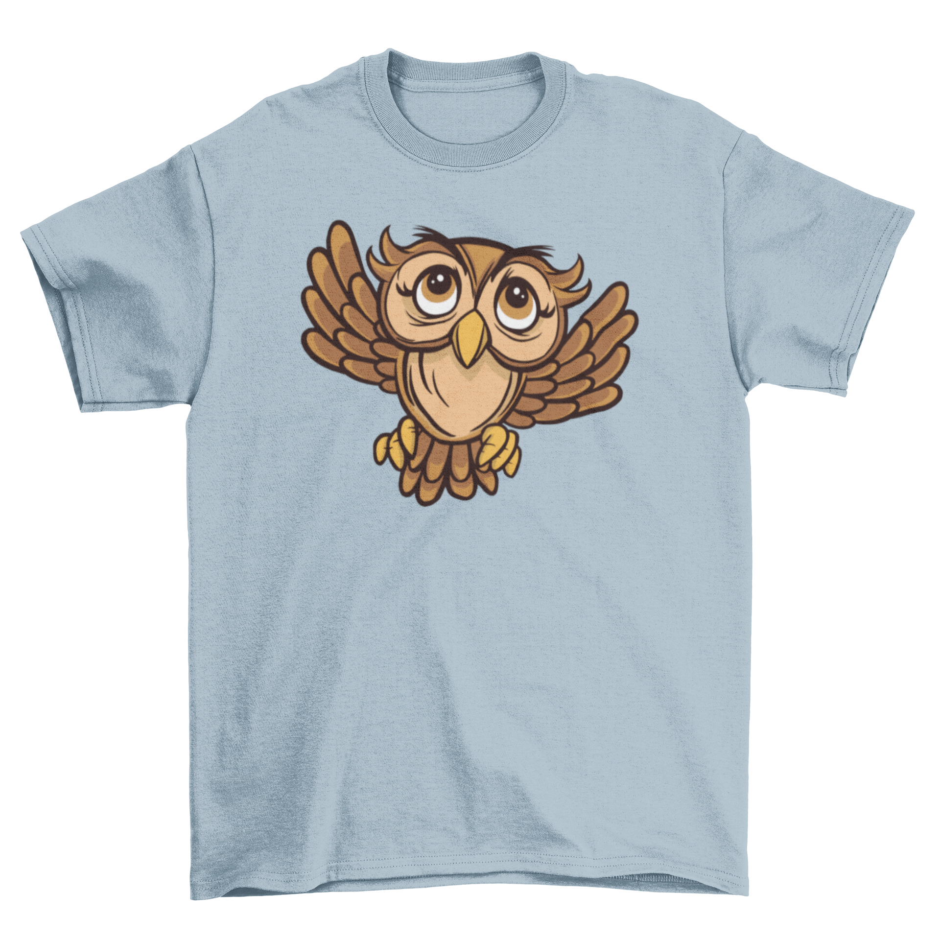 A colorful cartoon-style t-shirt featuring a big-eyed flying owl design, perfect for owl lovers.