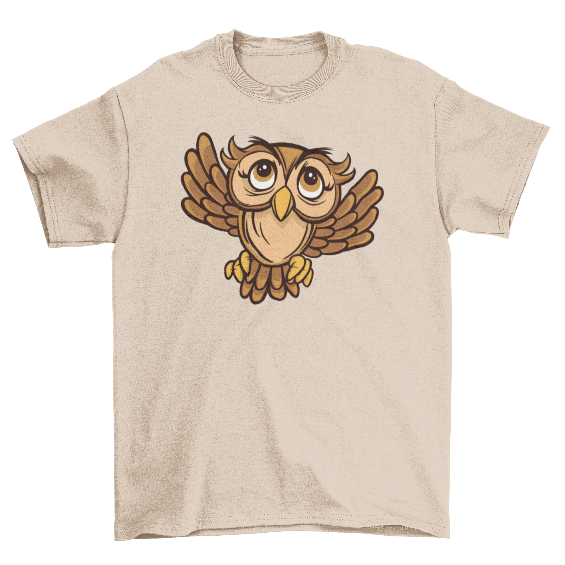 A colorful cartoon-style t-shirt featuring a big-eyed flying owl design, perfect for owl lovers.