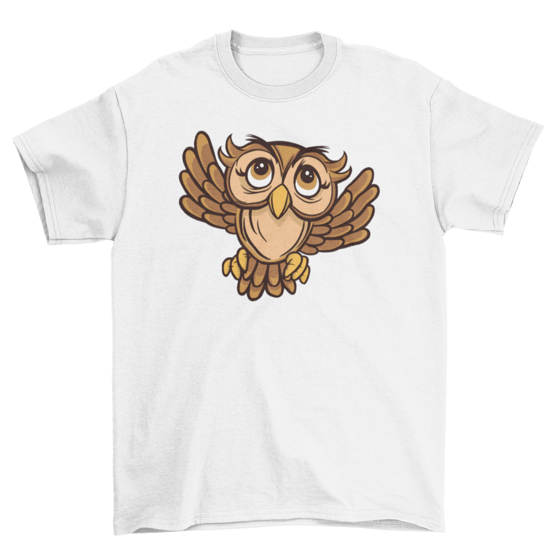 A colorful cartoon-style t-shirt featuring a big-eyed flying owl design, perfect for owl lovers.