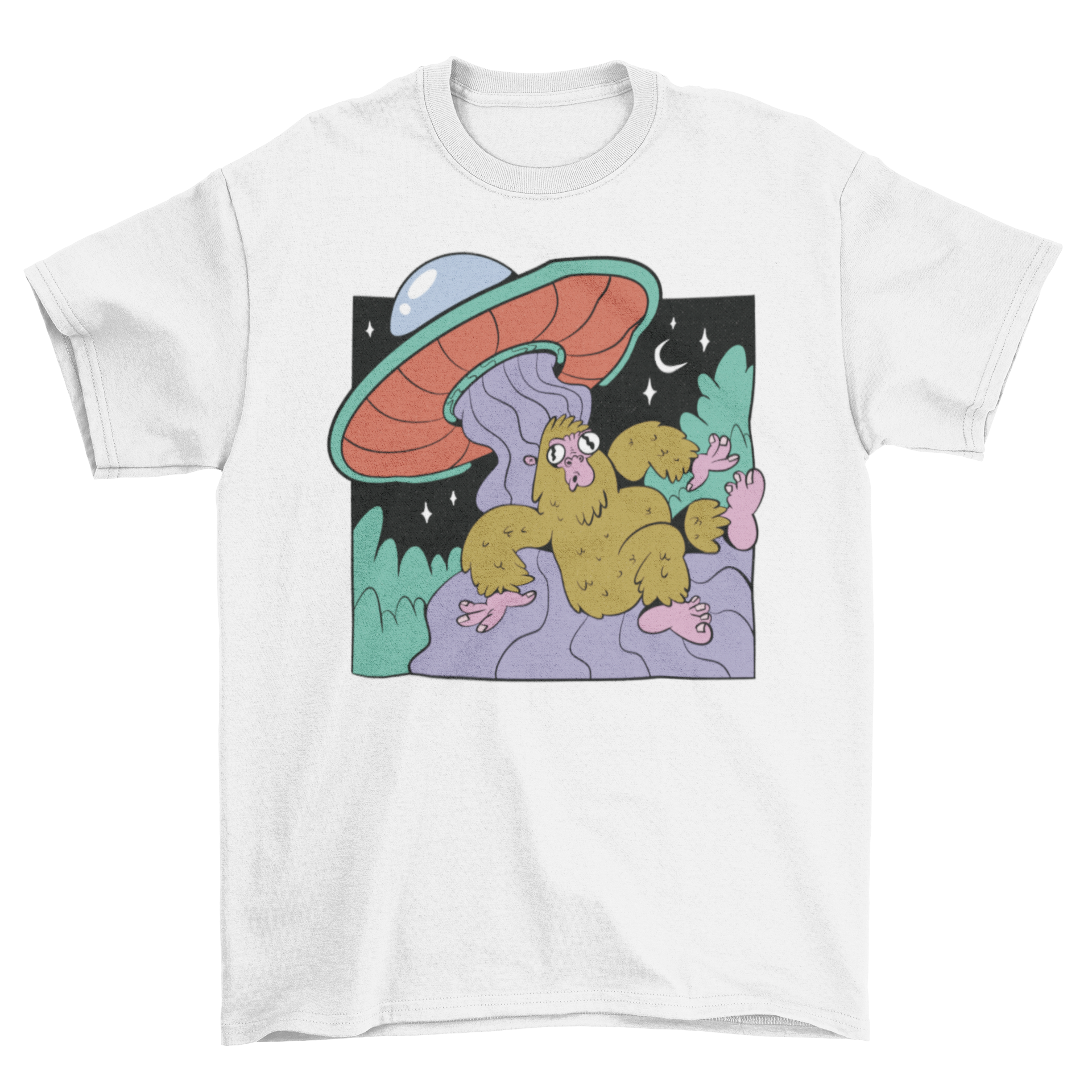 A creative t-shirt design featuring Bigfoot being abducted by an alien spacecraft, showcasing vibrant colors and intricate details.