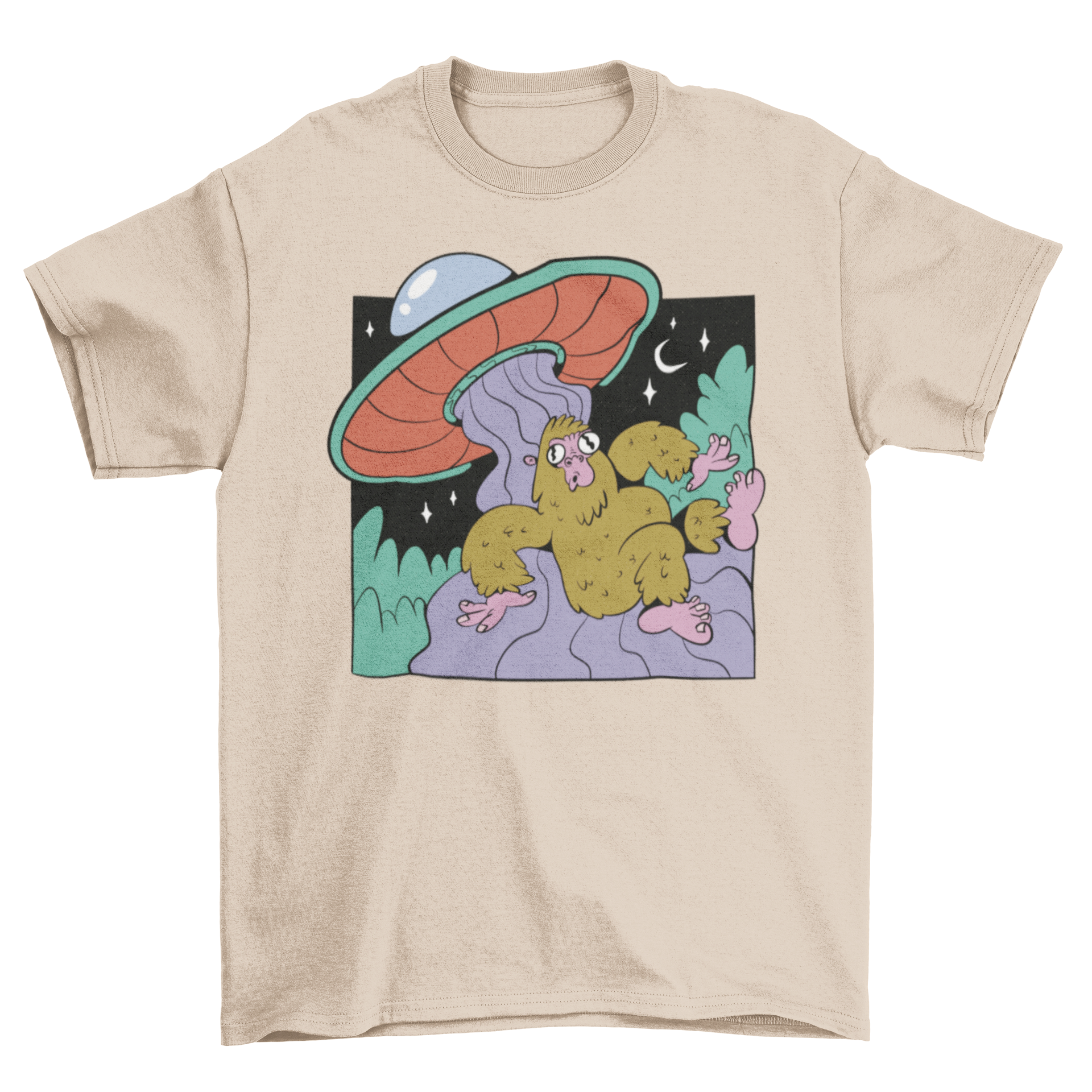 A creative t-shirt design featuring Bigfoot being abducted by an alien spacecraft, showcasing vibrant colors and intricate details.