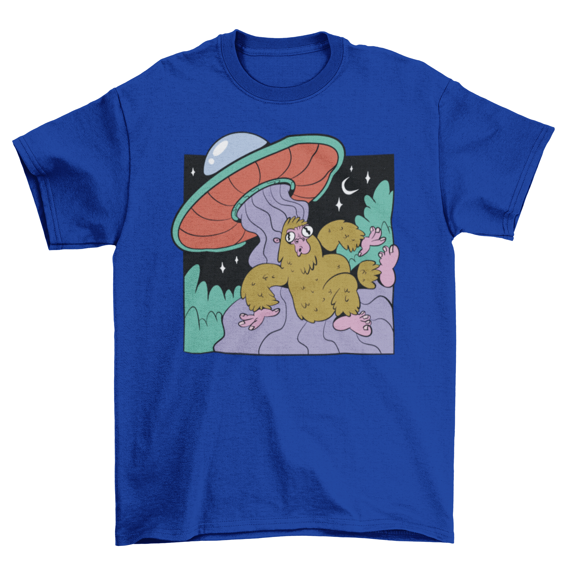 A creative t-shirt design featuring Bigfoot being abducted by an alien spacecraft, showcasing vibrant colors and intricate details.
