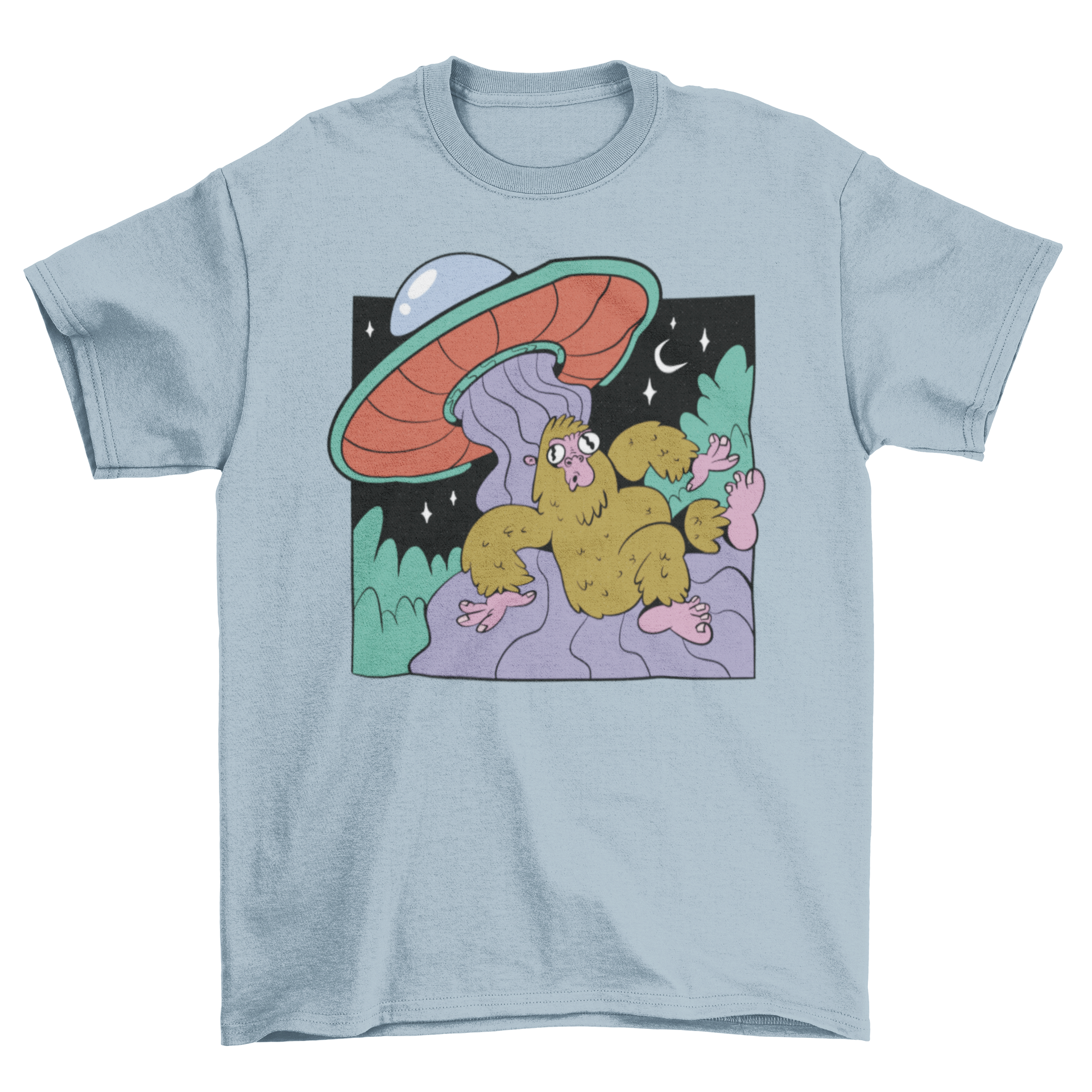 A creative t-shirt design featuring Bigfoot being abducted by an alien spacecraft, showcasing vibrant colors and intricate details.