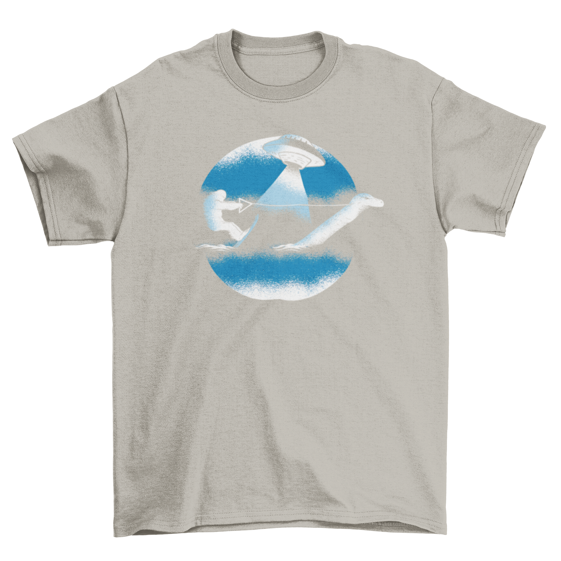 Funny t-shirt featuring Bigfoot water skiing with Loch Ness Monster and a UFO in the sky.