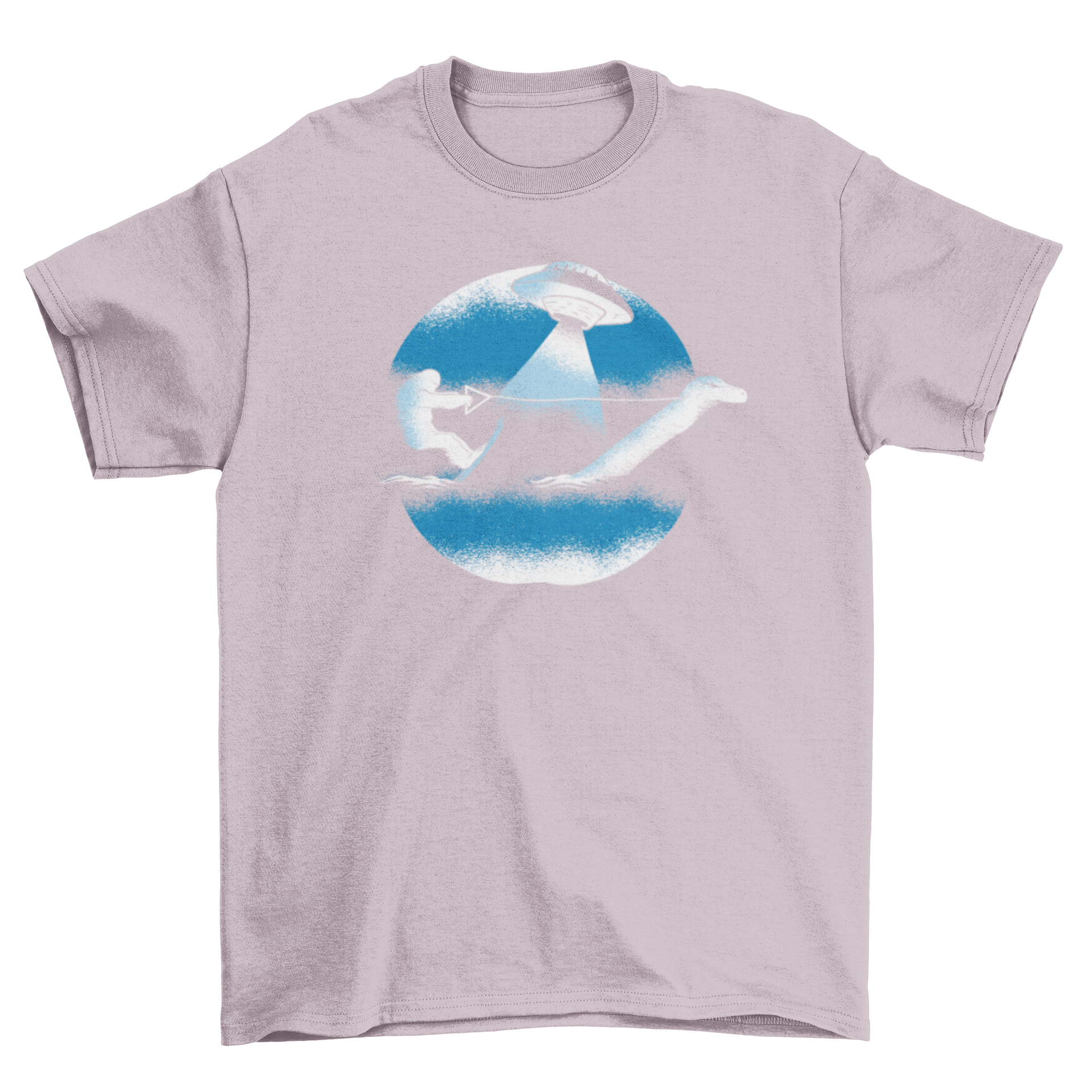 Funny t-shirt featuring Bigfoot water skiing with Loch Ness Monster and a UFO in the sky.