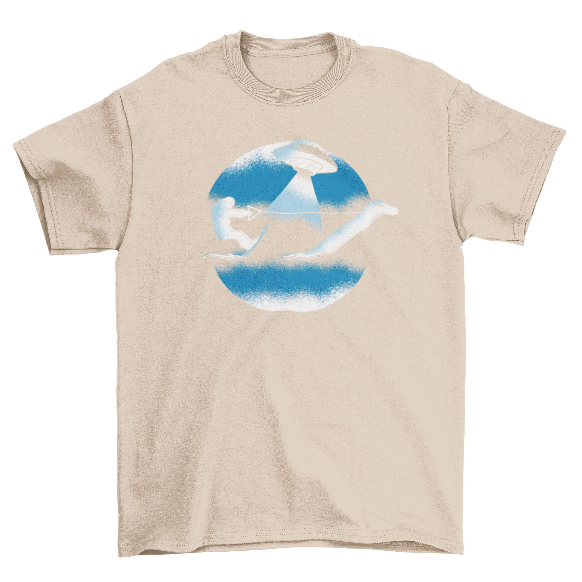 Funny t-shirt featuring Bigfoot water skiing with Loch Ness Monster and a UFO in the sky.