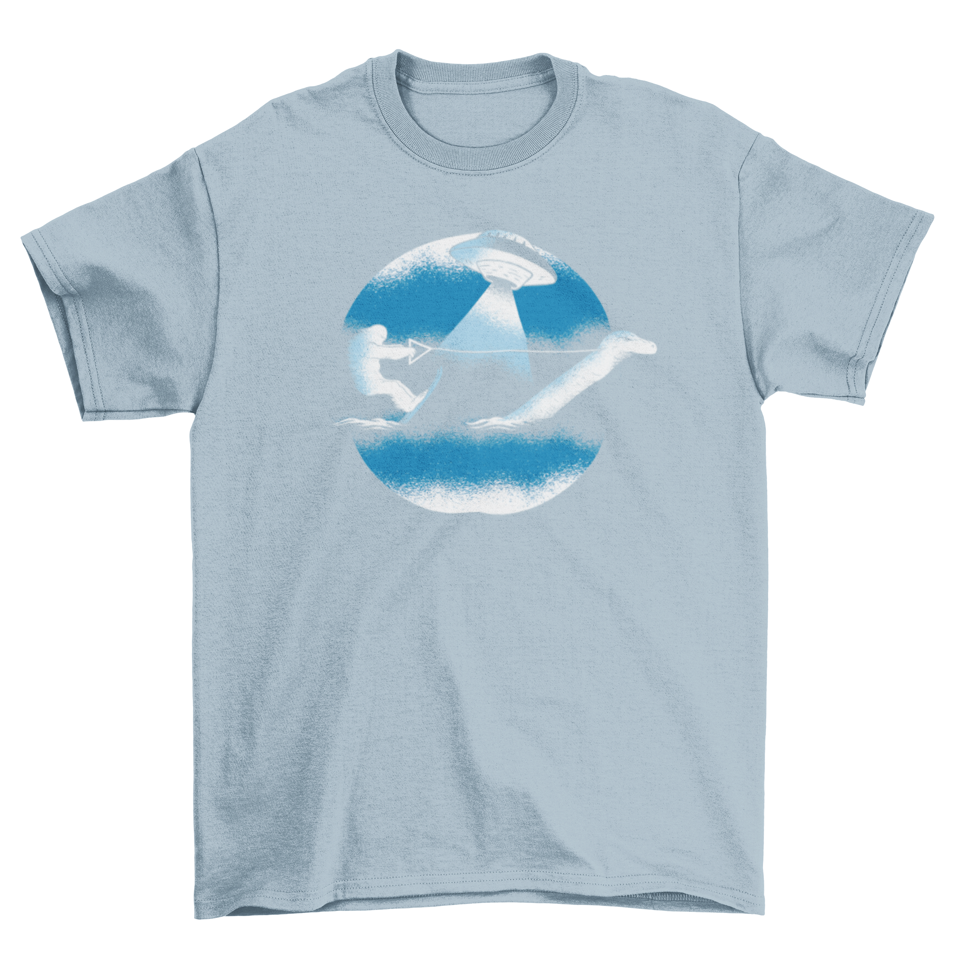 Funny t-shirt featuring Bigfoot water skiing with Loch Ness Monster and a UFO in the sky.