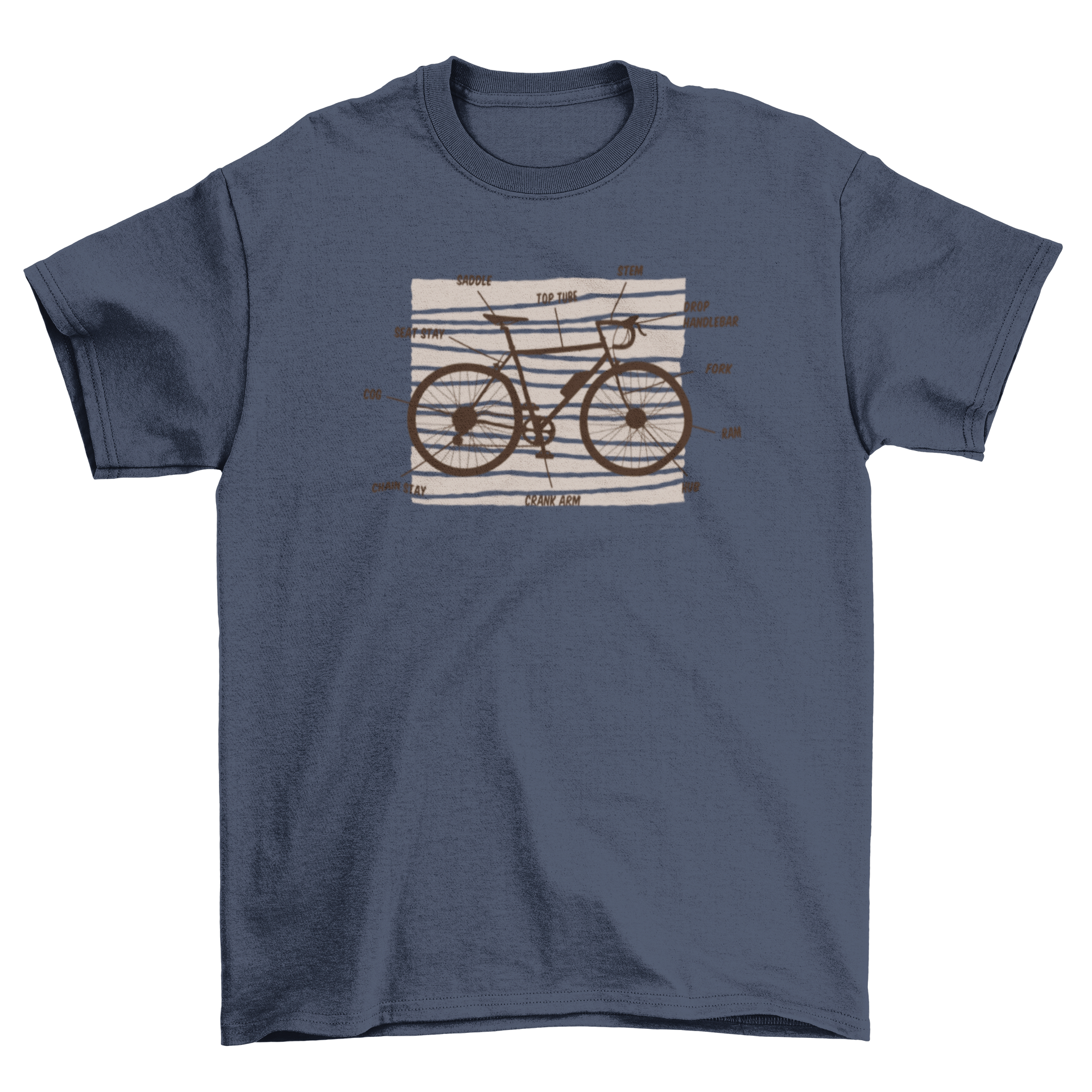 A stylish t-shirt featuring a detailed illustration of bike anatomy, showcasing various bike components.