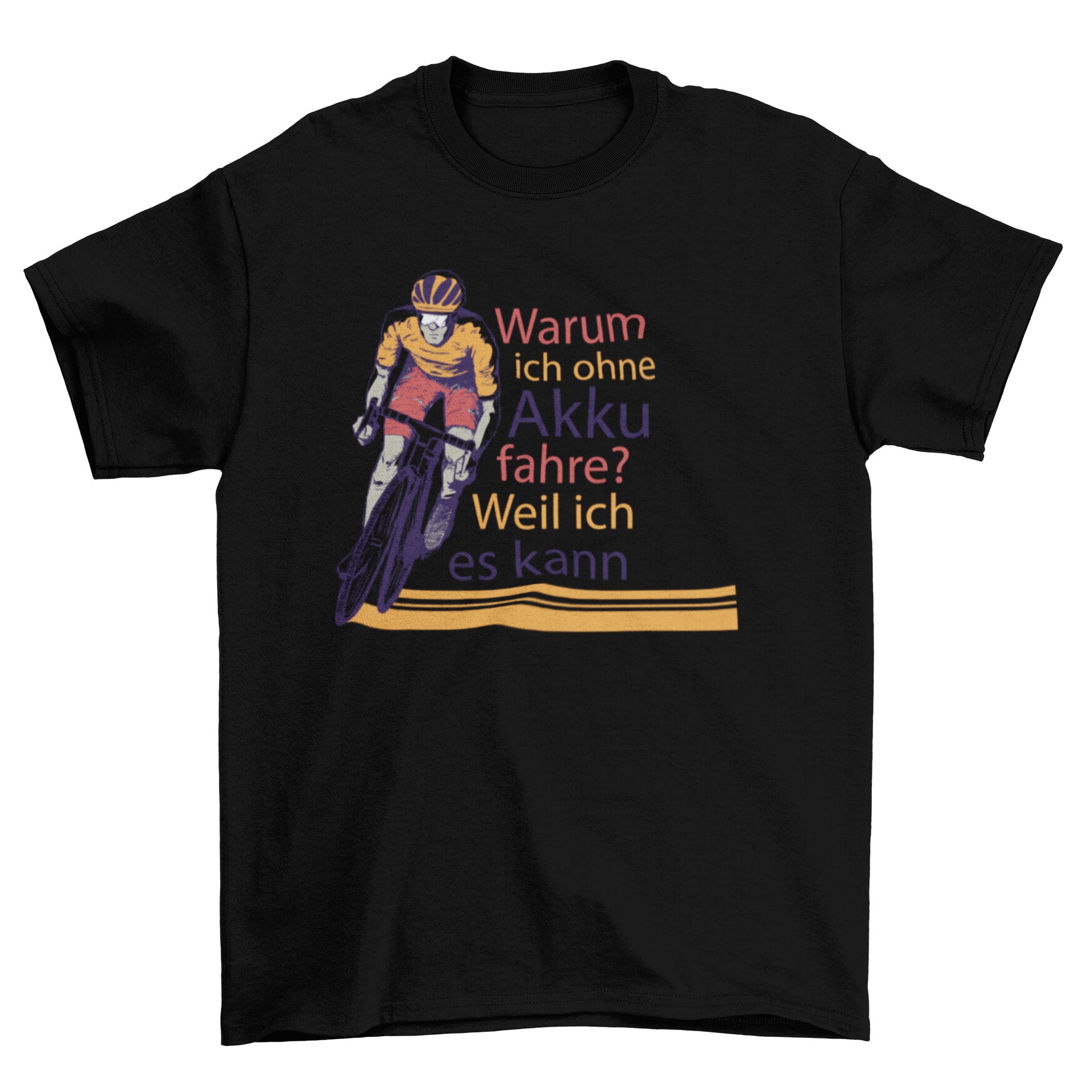 A stylish t-shirt featuring a biker rider illustration and a humorous German quote about biking.