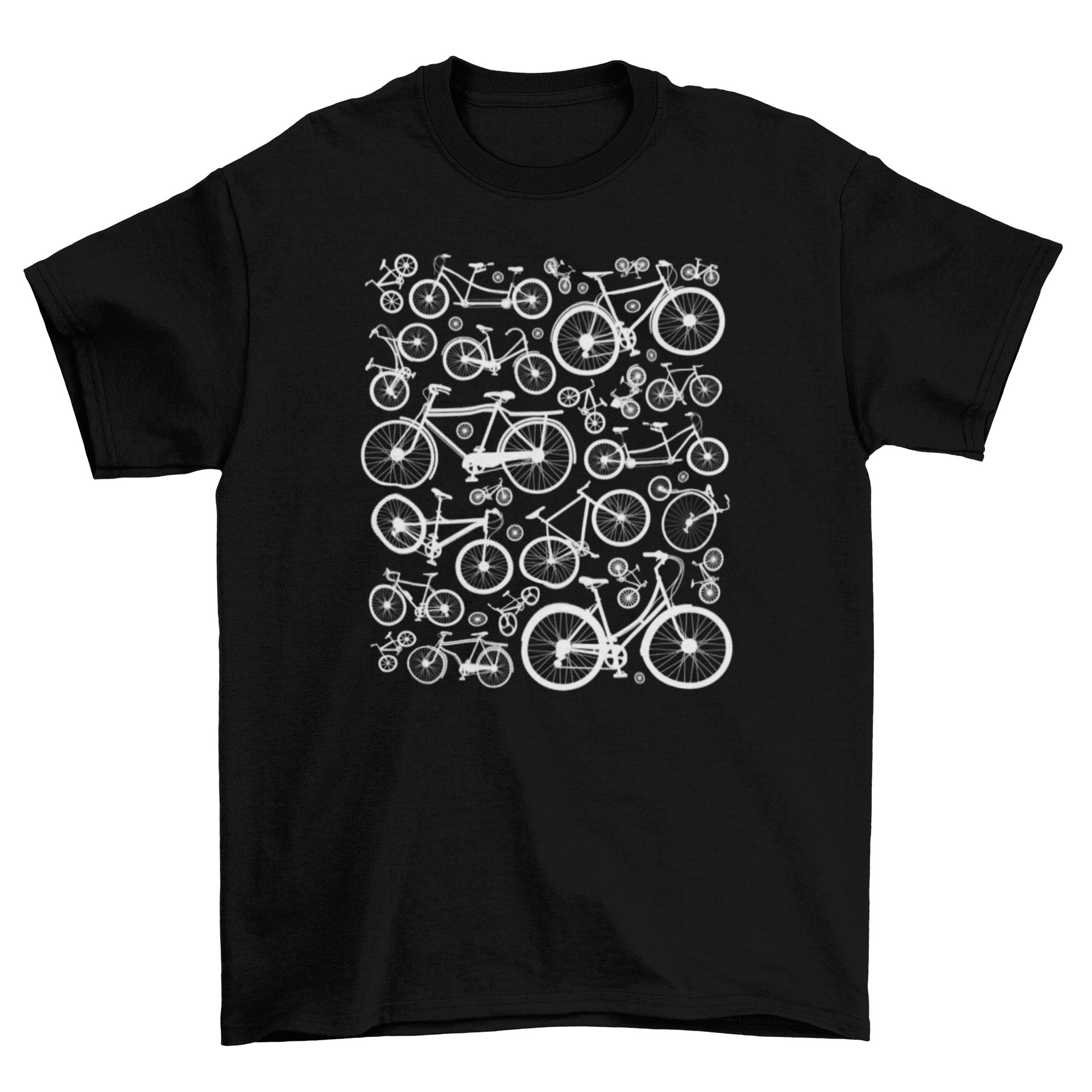 A stylish t-shirt featuring multiple bicycle silhouettes in a modern design.
