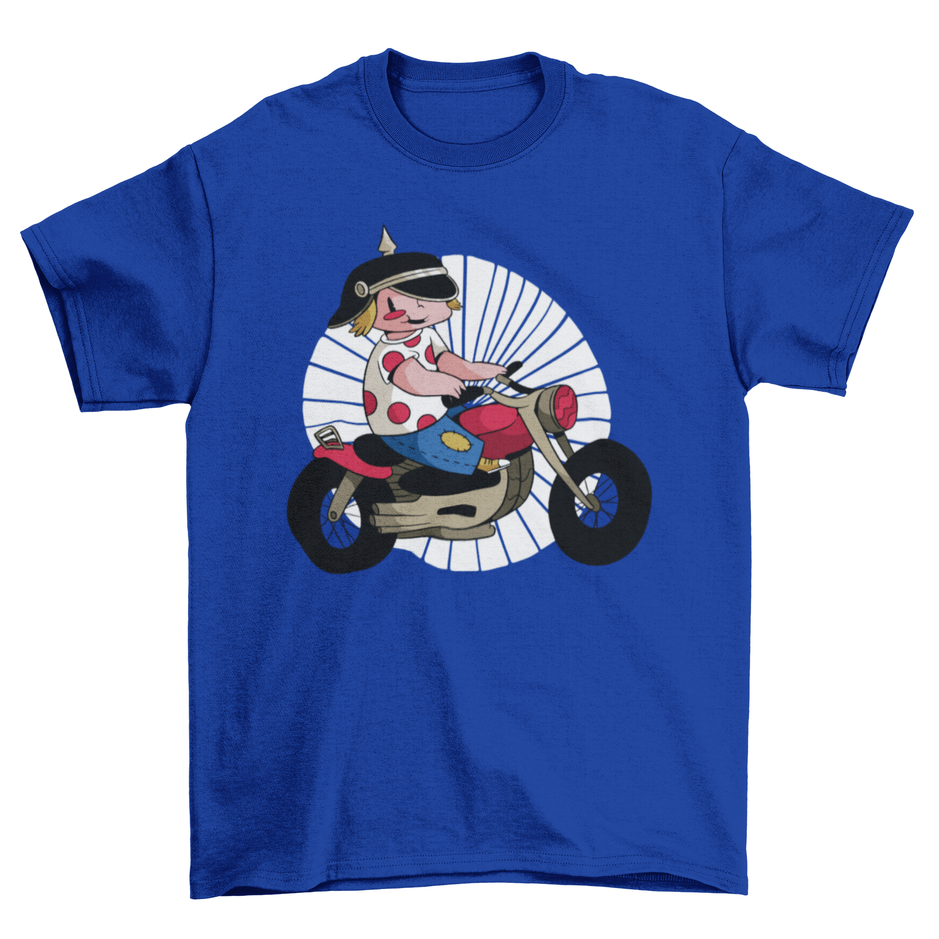 A colorful cartoon t-shirt featuring a kid riding a motorbike, perfect for youth fashion.