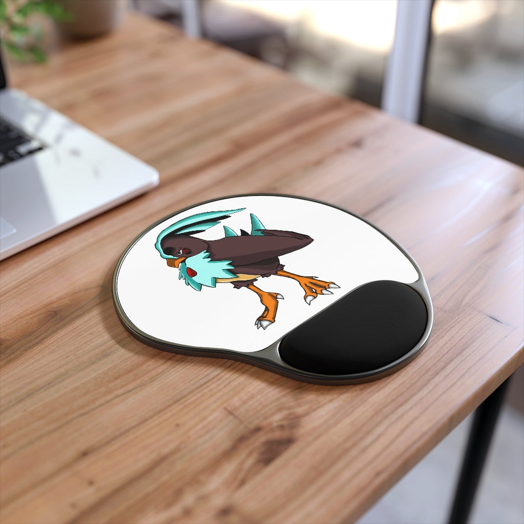 Bircross Mouse Pad with ergonomic Memory Foam wrist rest and custom-printed neoprene insert, featuring a foot-shaped black plastic base.