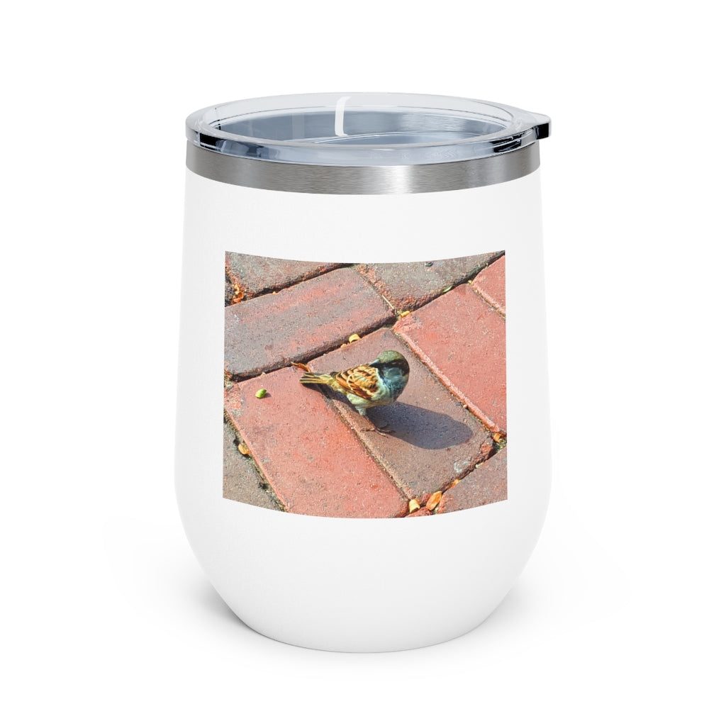Bird 12oz Insulated Wine Tumbler in stainless steel with a clear plastic lid, showcasing a stylish and functional design.