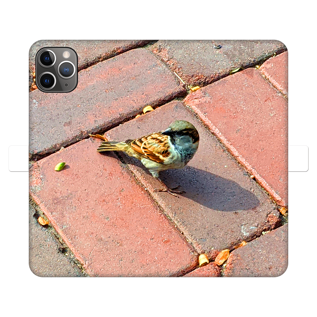 Bird Fully Printed Wallet Case featuring vibrant bird designs on a white faux leather exterior with a black phone holder.