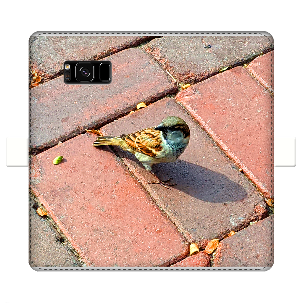 Bird Fully Printed Wallet Case featuring vibrant bird designs on a white faux leather exterior with a black phone holder.