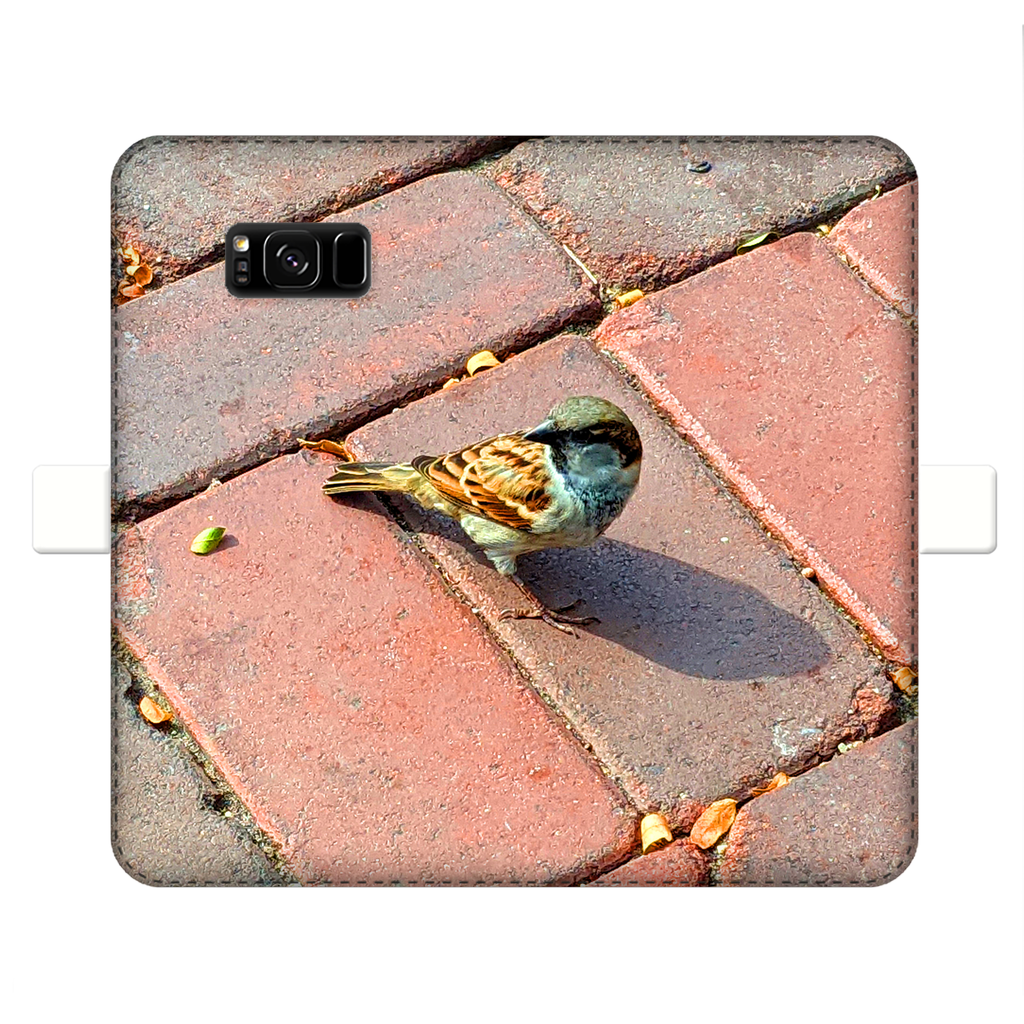 Bird Fully Printed Wallet Case featuring vibrant bird designs on a white faux leather exterior with a black phone holder.