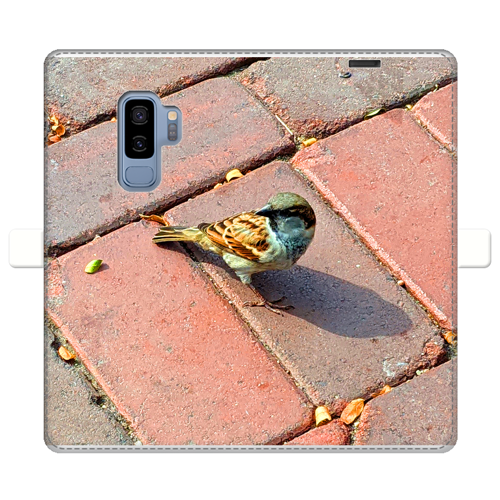 Bird Fully Printed Wallet Case featuring vibrant bird designs on a white faux leather exterior with a black phone holder.