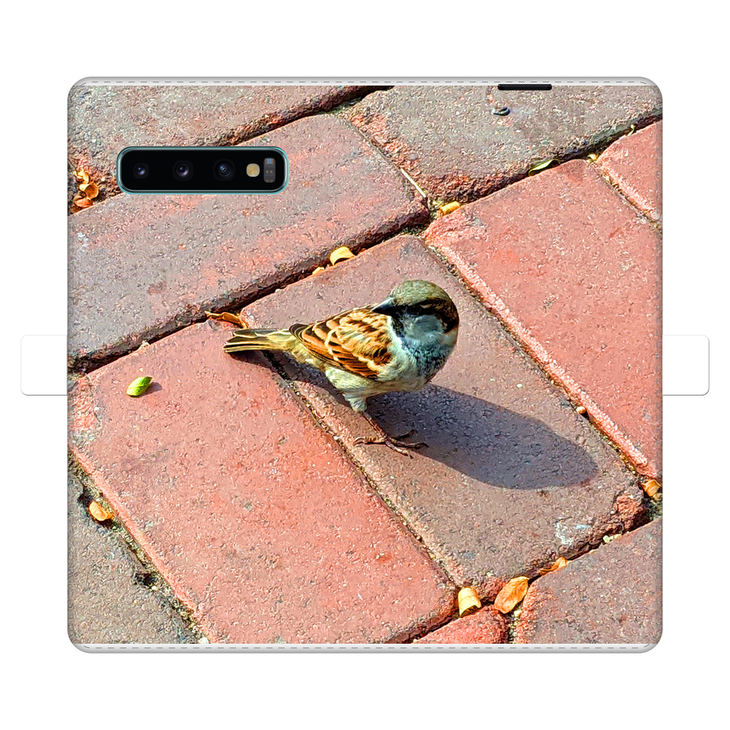 Bird Fully Printed Wallet Case featuring vibrant bird designs on a white faux leather exterior with a black phone holder.