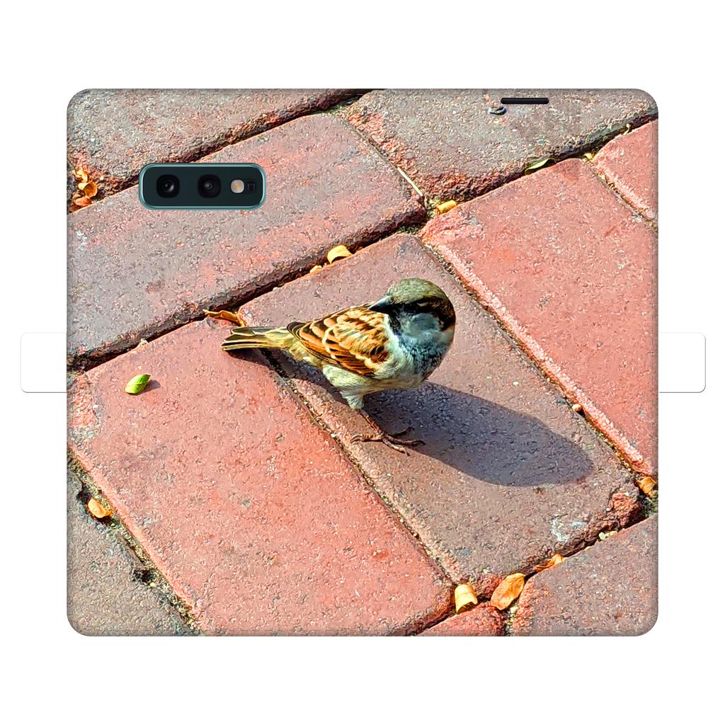 Bird Fully Printed Wallet Case featuring vibrant bird designs on a white faux leather exterior with a black phone holder.