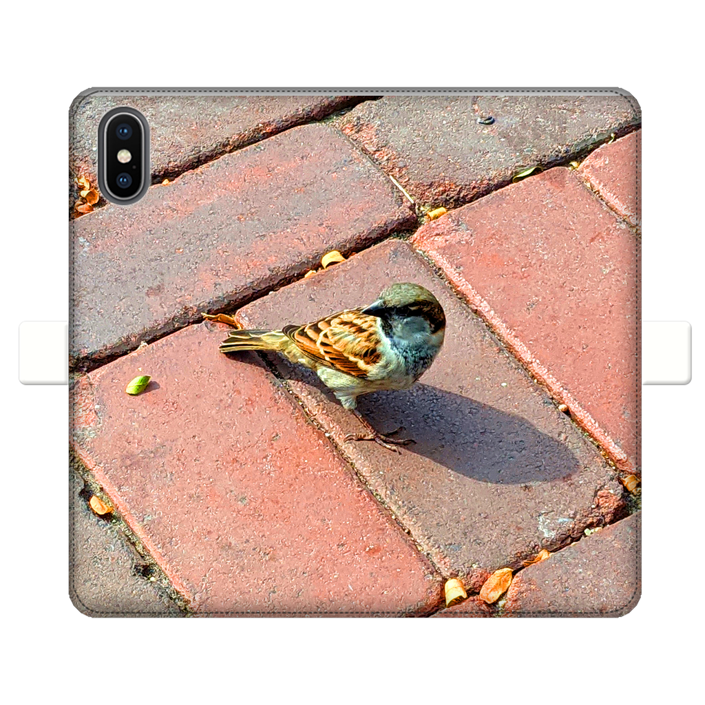 Bird Fully Printed Wallet Case featuring vibrant bird designs on a white faux leather exterior with a black phone holder.