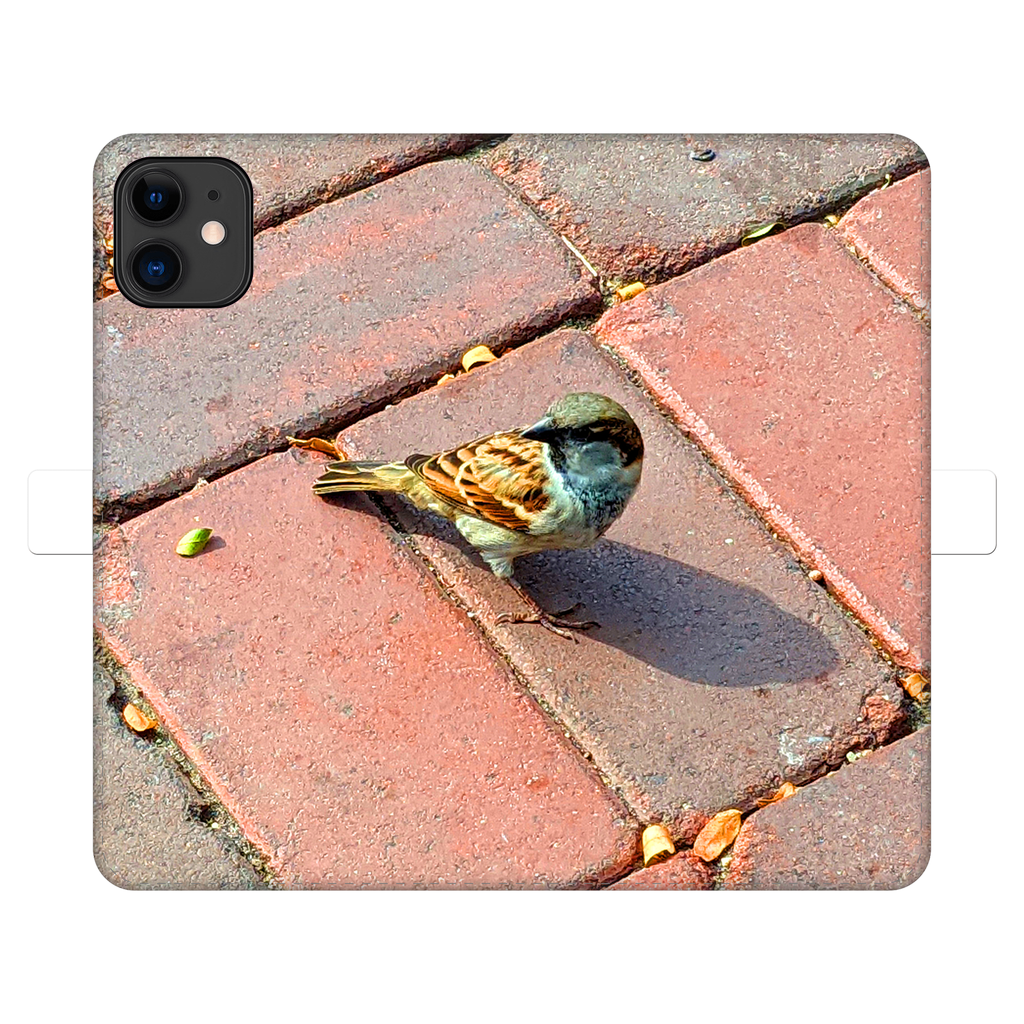 Bird Fully Printed Wallet Case featuring vibrant bird designs on a white faux leather exterior with a black phone holder.