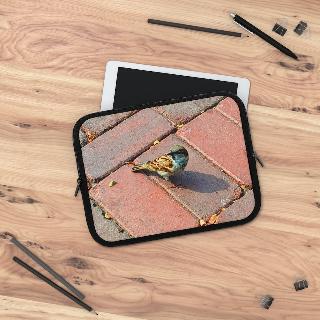 Bird Laptop Sleeve featuring a customizable front design and a solid black back, made from smooth neoprene material.