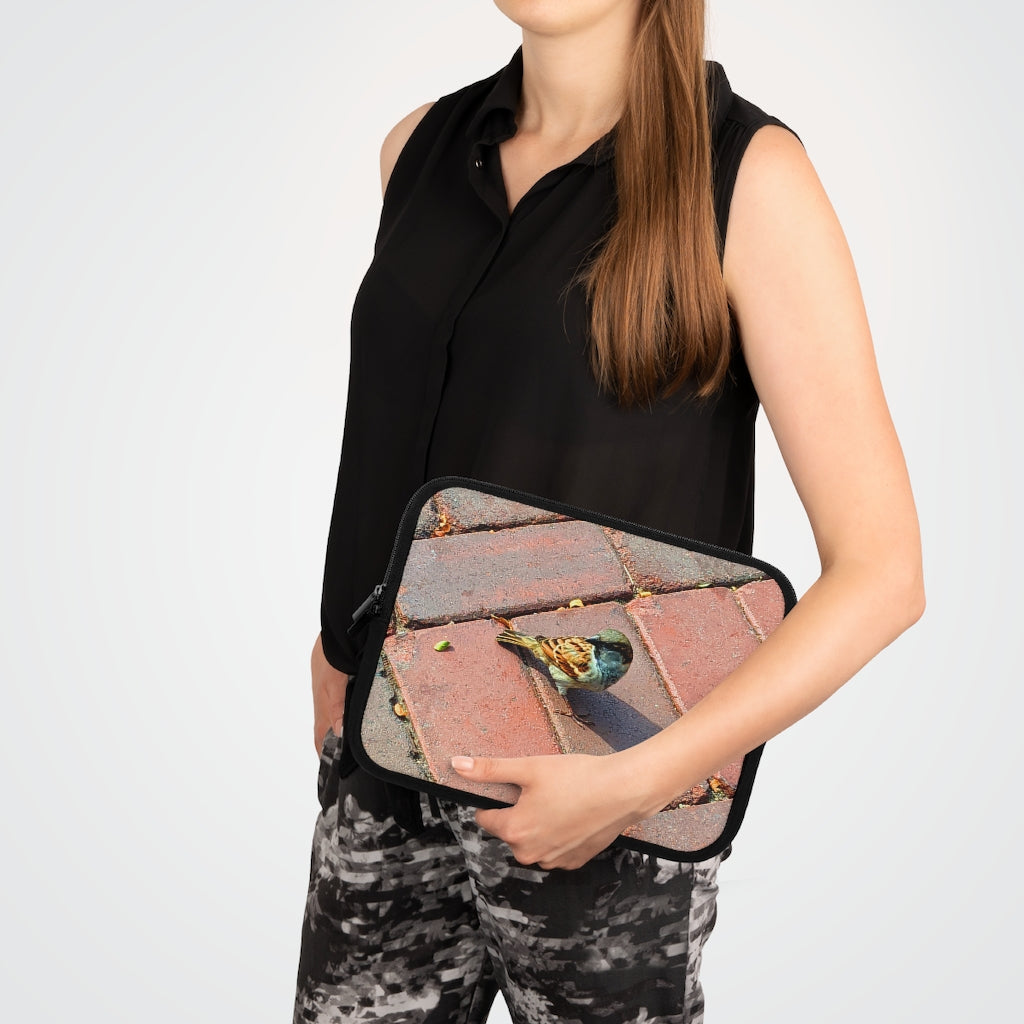 Bird Laptop Sleeve featuring a customizable front design and a solid black back, made from smooth neoprene material.