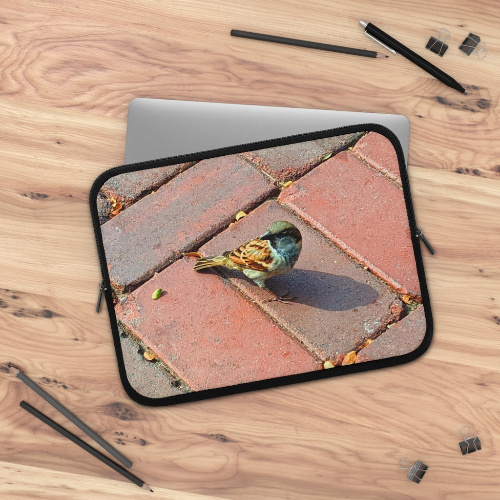 Bird Laptop Sleeve featuring a customizable front design and a solid black back, made from smooth neoprene material.