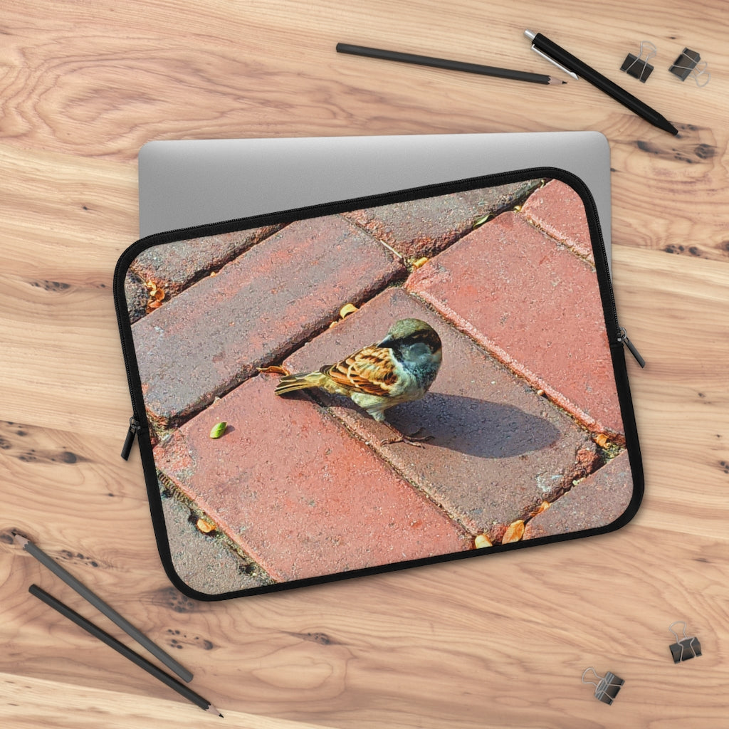 Bird Laptop Sleeve featuring a customizable front design and a solid black back, made from smooth neoprene material.