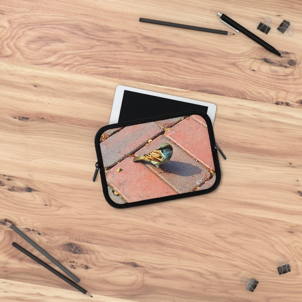 Bird Laptop Sleeve featuring a customizable front design and a solid black back, made from smooth neoprene material.