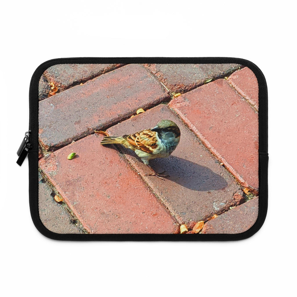 Bird Laptop Sleeve featuring a customizable front design and a solid black back, made from smooth neoprene material.