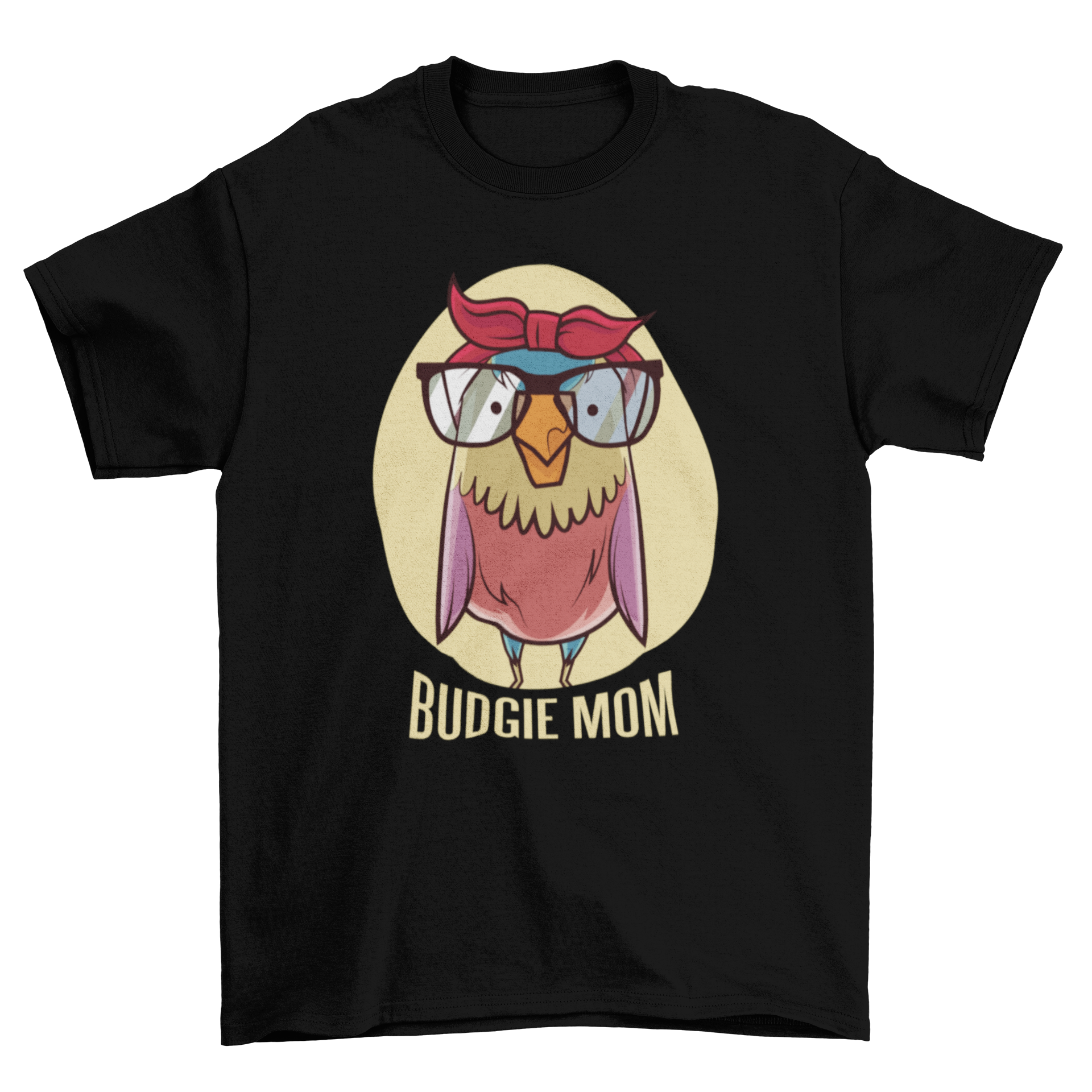 Bird Mom T-shirt featuring a parakeet with glasses and bandanna, perfect for budgie lovers.