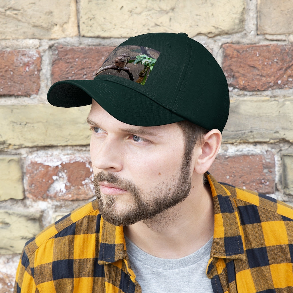 Bird Owl Unisex Twill Hat featuring a classic 6-panel design, adjustable Velcro closure, and made from 100% cotton twill for comfort and durability.
