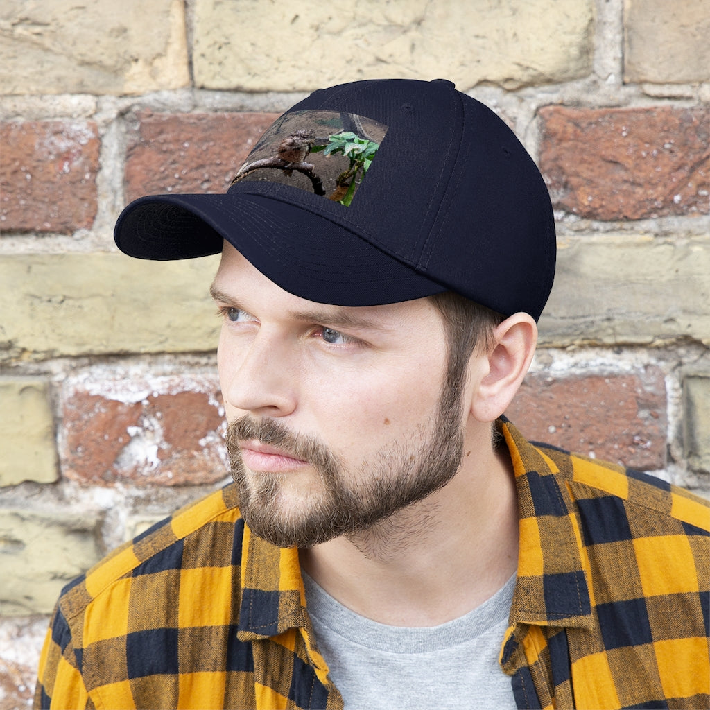 Bird Owl Unisex Twill Hat featuring a classic 6-panel design, adjustable Velcro closure, and made from 100% cotton twill for comfort and durability.