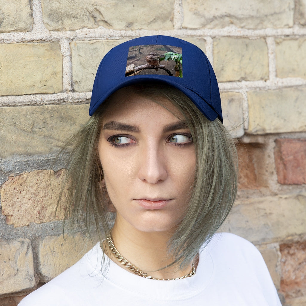 Bird Owl Unisex Twill Hat featuring a classic 6-panel design, adjustable Velcro closure, and made from 100% cotton twill for comfort and durability.