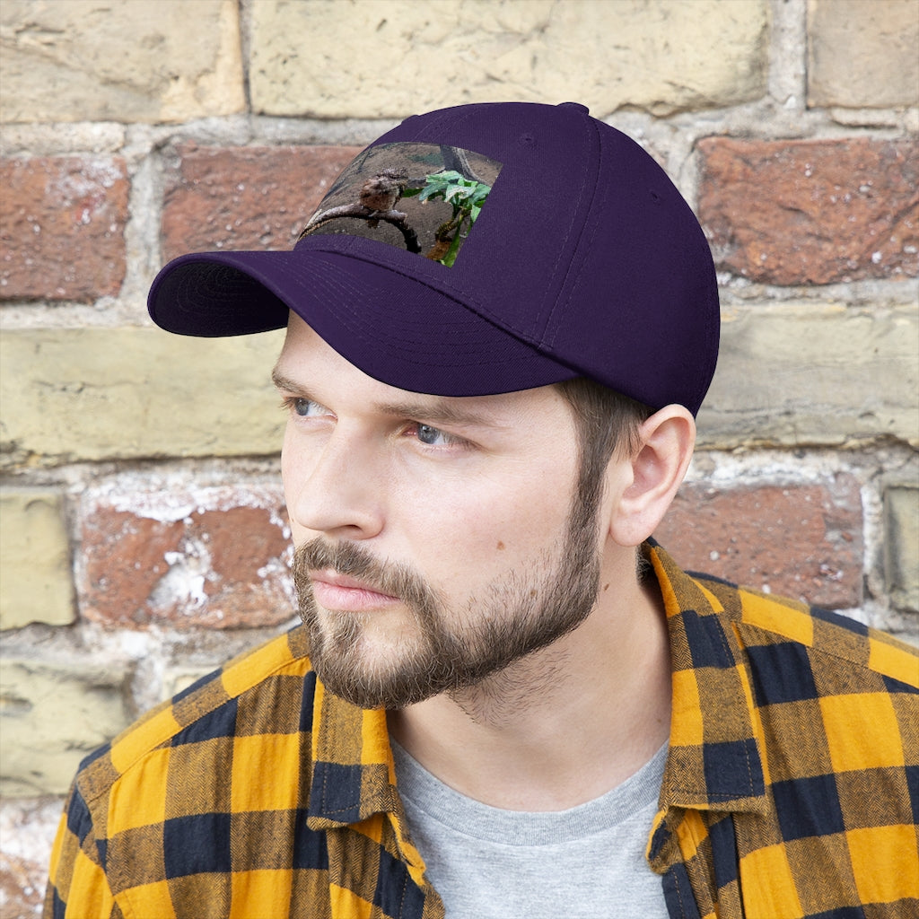 Bird Owl Unisex Twill Hat featuring a classic 6-panel design, adjustable Velcro closure, and made from 100% cotton twill for comfort and durability.