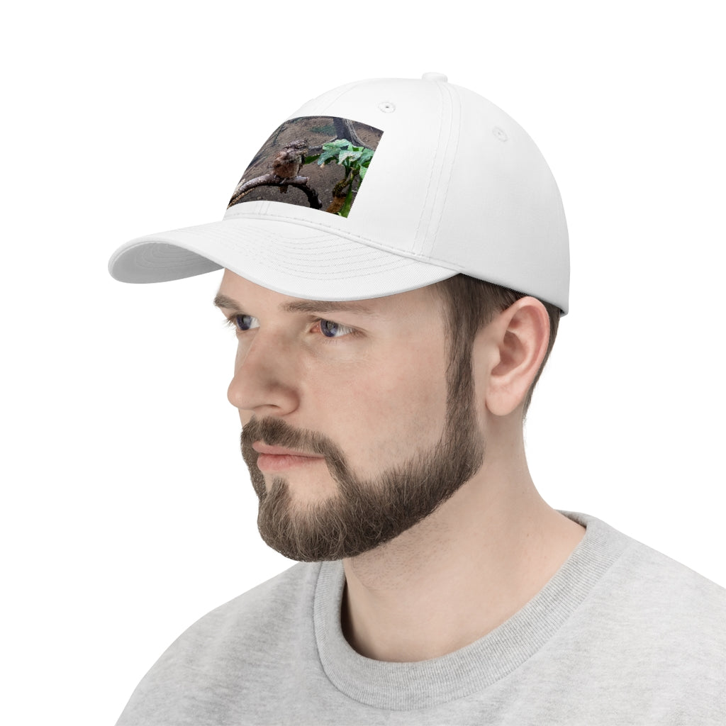 Bird Owl Unisex Twill Hat featuring a classic 6-panel design, adjustable Velcro closure, and made from 100% cotton twill for comfort and durability.