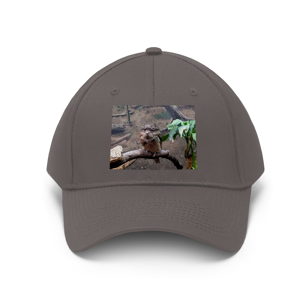 Bird Owl Unisex Twill Hat featuring a classic 6-panel design, adjustable Velcro closure, and made from 100% cotton twill for comfort and durability.