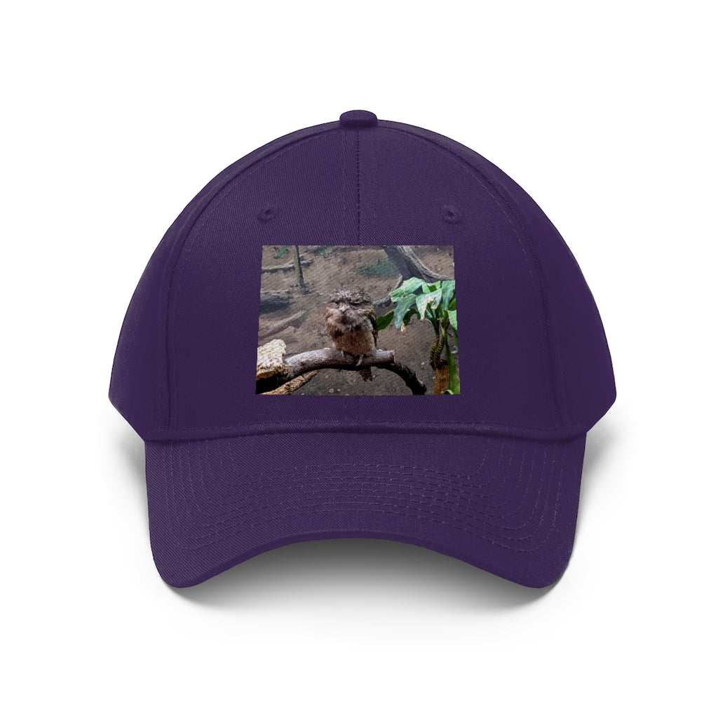 Bird Owl Unisex Twill Hat featuring a classic 6-panel design, adjustable Velcro closure, and made from 100% cotton twill for comfort and durability.