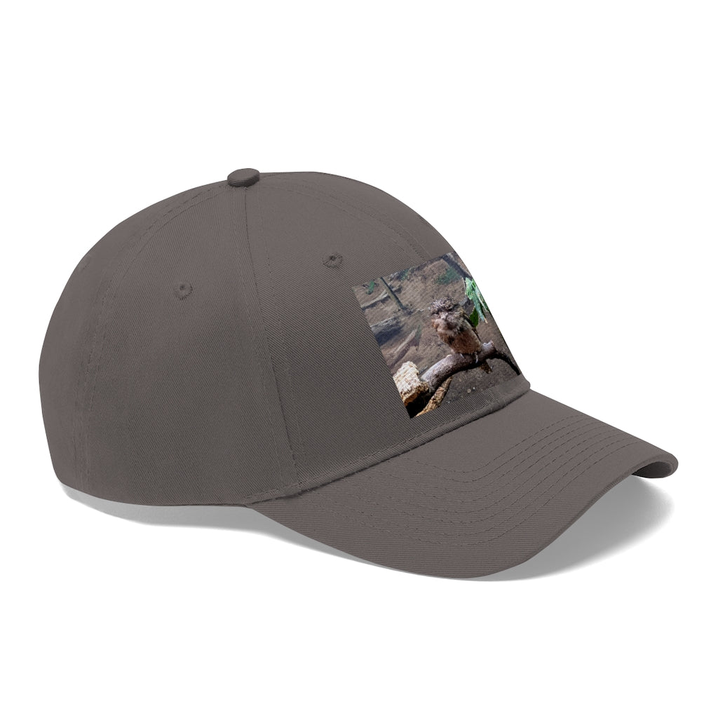 Bird Owl Unisex Twill Hat featuring a classic 6-panel design, adjustable Velcro closure, and made from 100% cotton twill for comfort and durability.