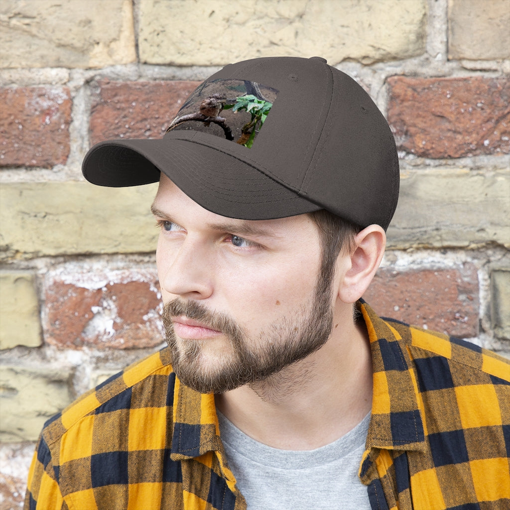 Bird Owl Unisex Twill Hat featuring a classic 6-panel design, adjustable Velcro closure, and made from 100% cotton twill for comfort and durability.